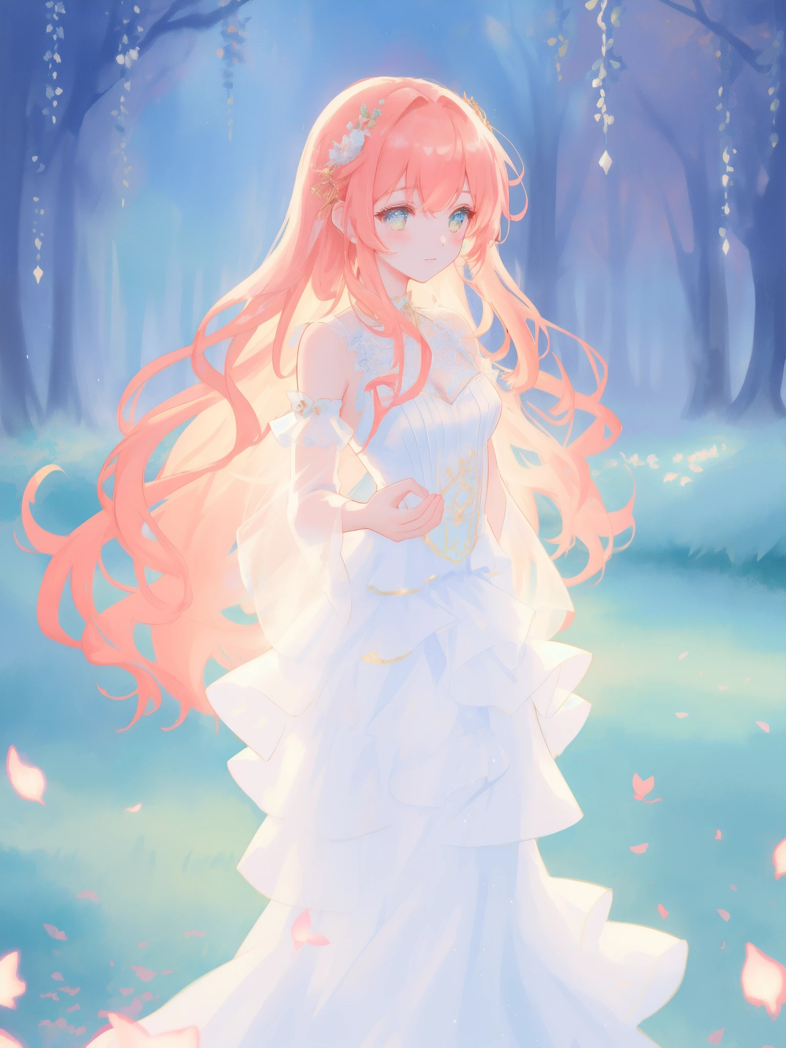 beautiful fairy girl in sparkling white ballgown, puffy flowing ballgown, sheer fluttering sleeves, ((glowing sheer layered dress)), long red gold hair, colorful fantasia background, delicate white flowers in her hair, watercolor illustration, glowing lights, beautiful digital illustration, fantasia otherworldly landscape, beautiful, masterpiece, best quality, (vibrant pastel colors), (colorful), magical forest landscape, sharp focus, intricate details, highly detailed, 8k resolution