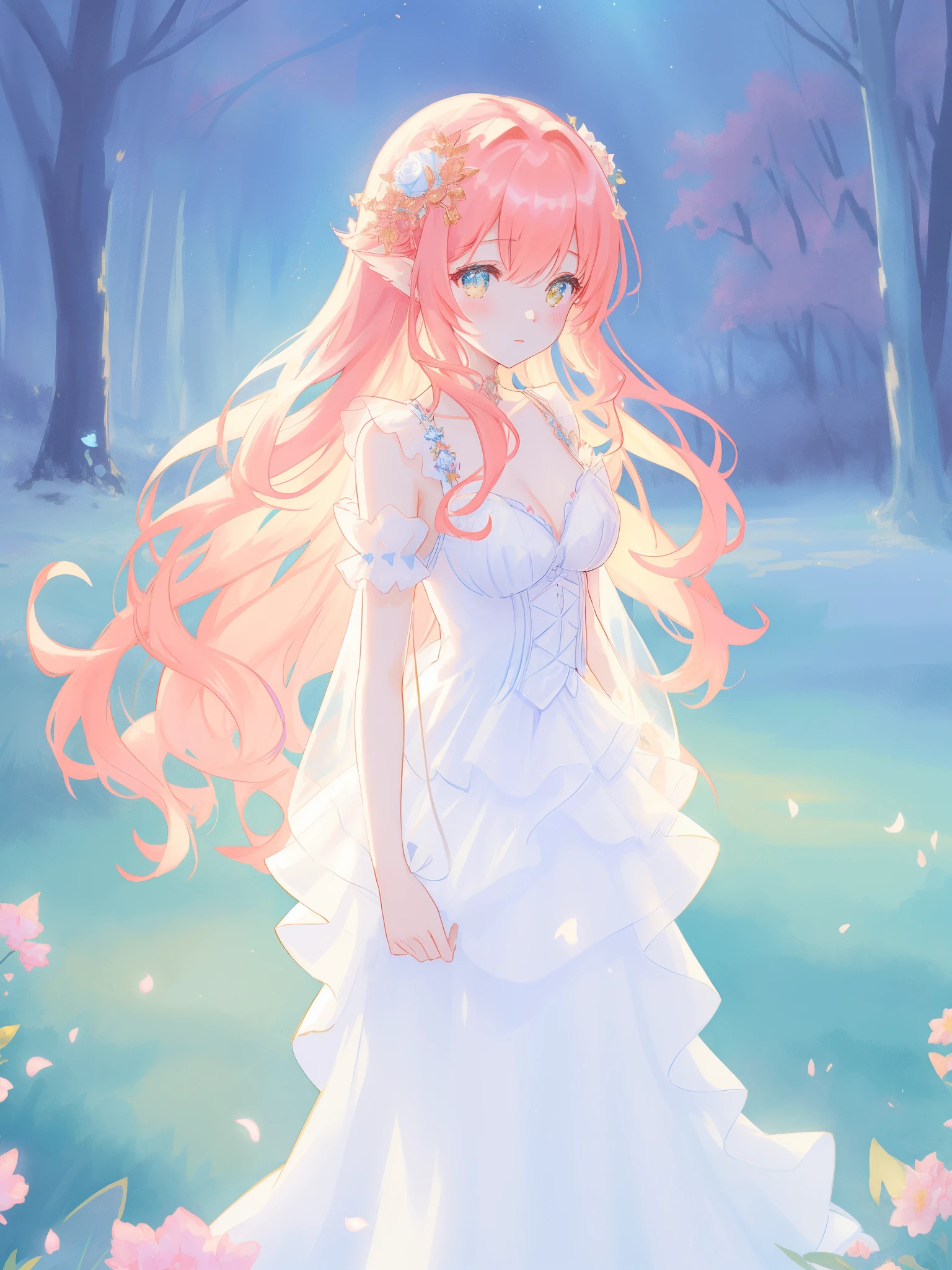 beautiful fairy girl in sparkling white ballgown, puffy flowing ballgown, sheer fluttering sleeves, ((glowing sheer layered dress)), long red gold hair, colorful fantasia background, delicate white flowers in her hair, watercolor illustration, glowing lights, beautiful digital illustration, fantasia otherworldly landscape, beautiful, masterpiece, best quality, (vibrant pastel colors), (colorful), magical forest landscape, sharp focus, intricate details, highly detailed, 8k resolution