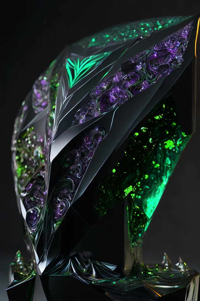 Ultra detailed shot of a dark sculpture made out of emerald obsidian and dark matter, incredible sculpture of a unique creature, 3D render, translucent skin with subsurface scatter, endlessly fractal, aura melting dimension, light reflection on crystal of the sculpture, art by Mschiffer, human shape, genderless