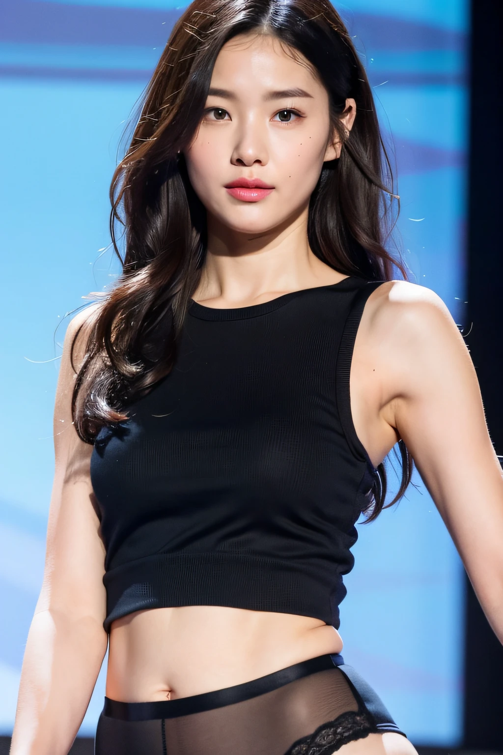 Mature youngster, erotic underwear style, super cute, upper body close-up, nice perfect face with soft skin, gorgeous wavy long brown hair, 8K resolution, ultra-realistic, super detailed, high quality, immature woman in trendy underwear on the runway, sticking out ass sexy pose