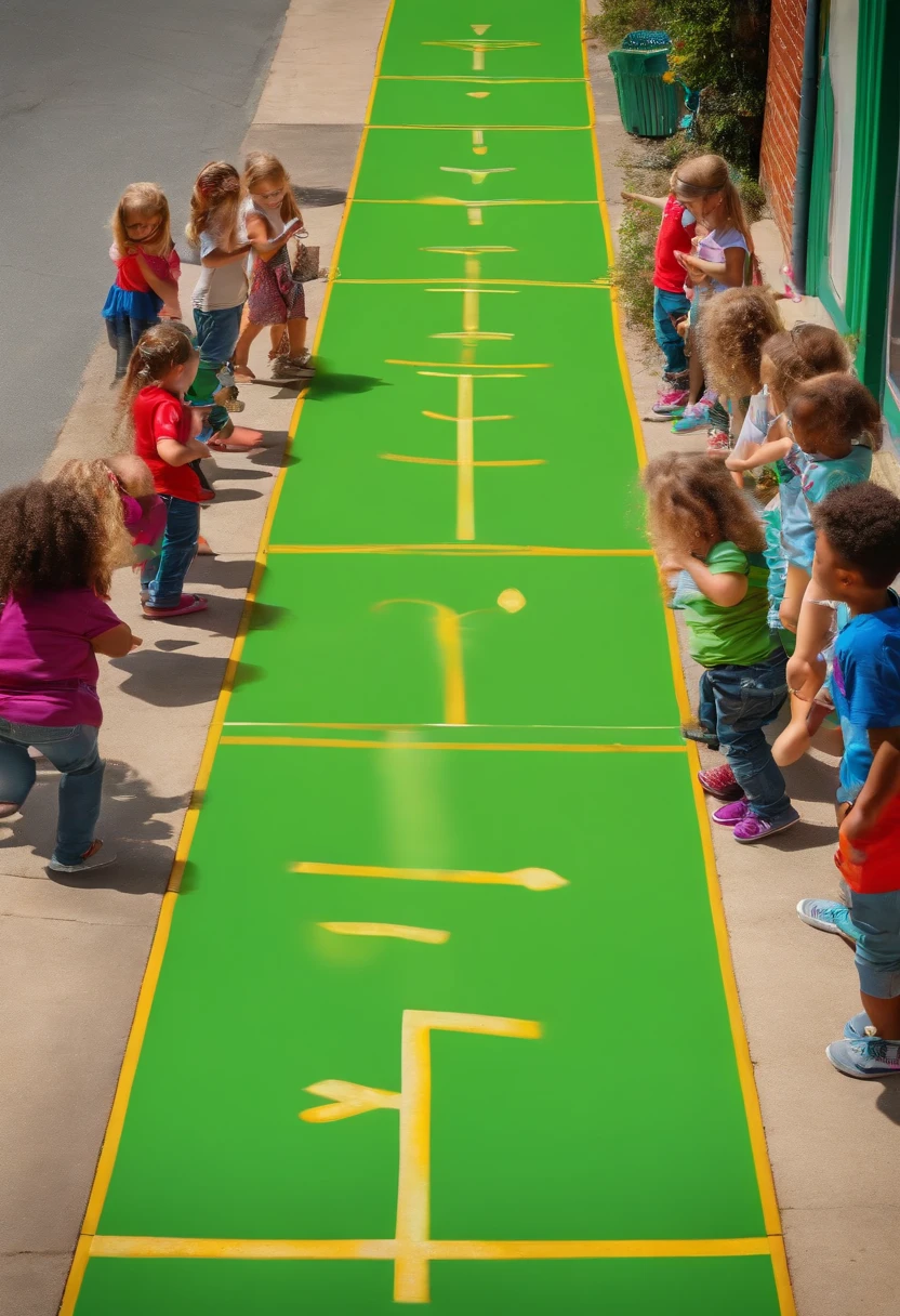 ButterflyEffect photographing a group of children playing a game of hopscotch on a vibrant street mural.,original,ButterflyEffect has long hair and wire rim glasses. He has a hook nose and bright green eyes.