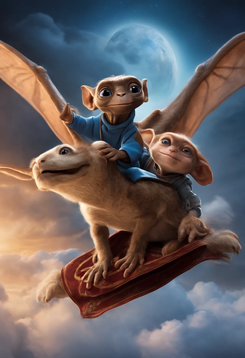 An image of E.T. and Elliott sitting on a magical flying carpet, soaring through the clouds.,E.T. the Extra-Terrestrial,Appearance-wise, E.T. is small and rotund, with a textured, brownish skin, and he possesses a large head with expressive, blue, almond-shaped eyes that dominate his face. His notable features include a long, extendable neck, stubby legs, and elongated fingers with a luminescent fingertip, which he uses to communicate and heal.