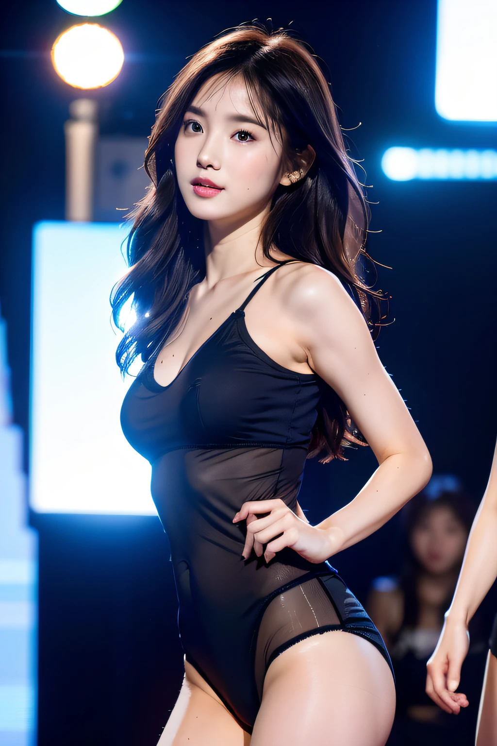 Mature youngster, erotic underwear style, super cute, upper body close-up, nice perfect face with soft skin, gorgeous wavy long brown hair, 8K resolution, ultra-realistic, super detailed, high quality, immature woman in trendy underwear on the runway, sticking out ass sexy pose