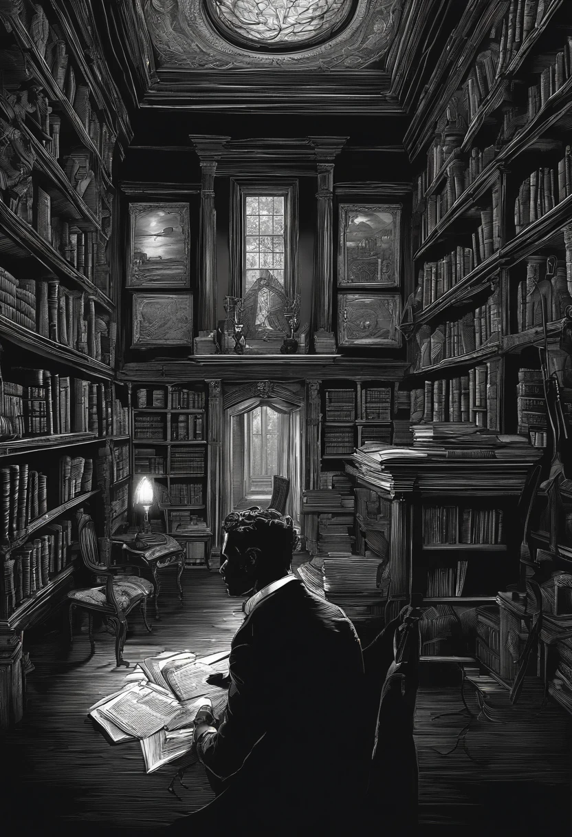 A dark and mysterious room filled with antique books, dimly lit by flickering candles.,original,Vincent “Vortex” Malone, with his disheveled appearance, is often seen in a dimly lit room, surrounded by screens and stacks of obscure books and papers. His wild, unkempt hair and intense, piercing eyes reflect his immersion in the world of conspiracy theories.