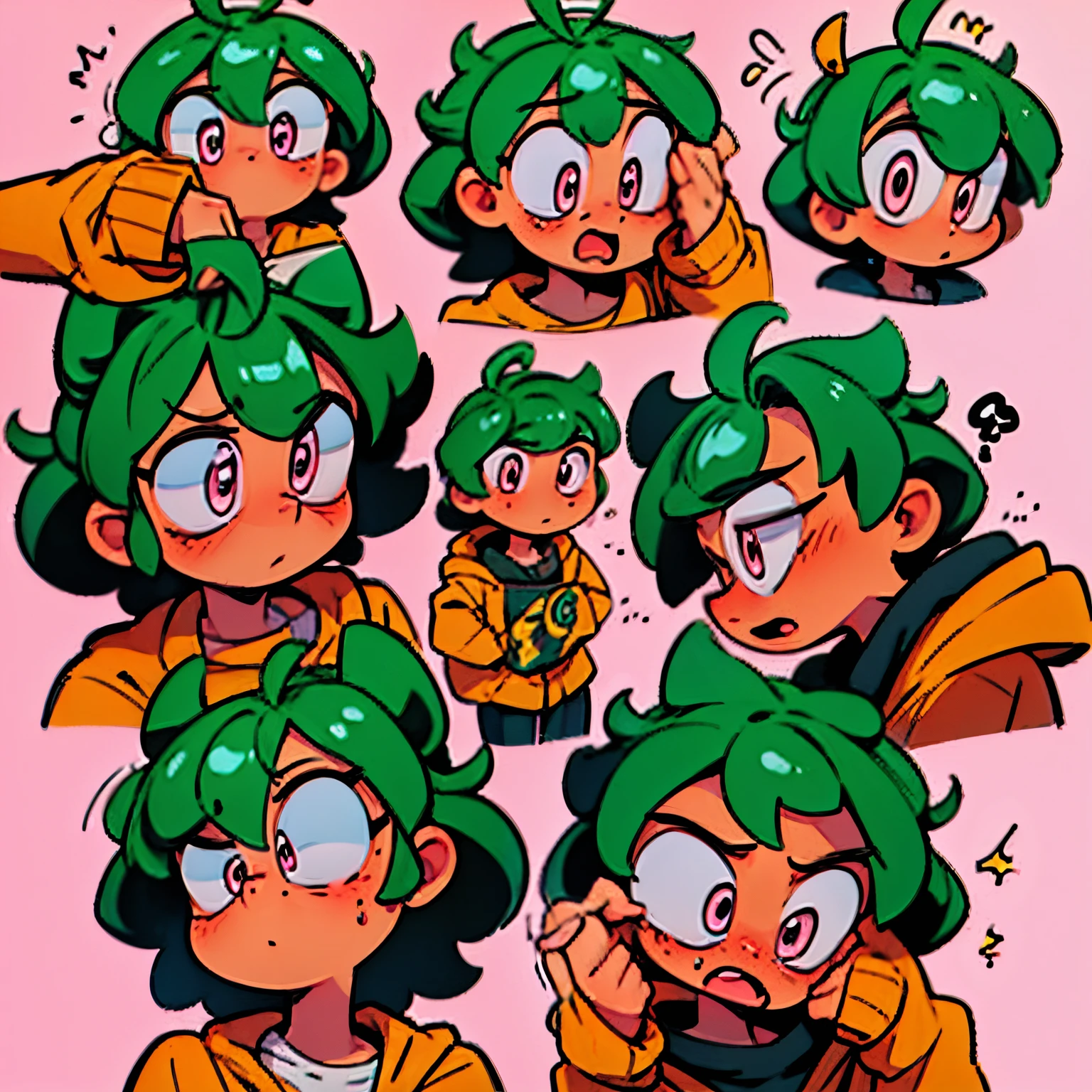 anime female head icon short green hair pink eyes looking diagonal right up surprise happy no background