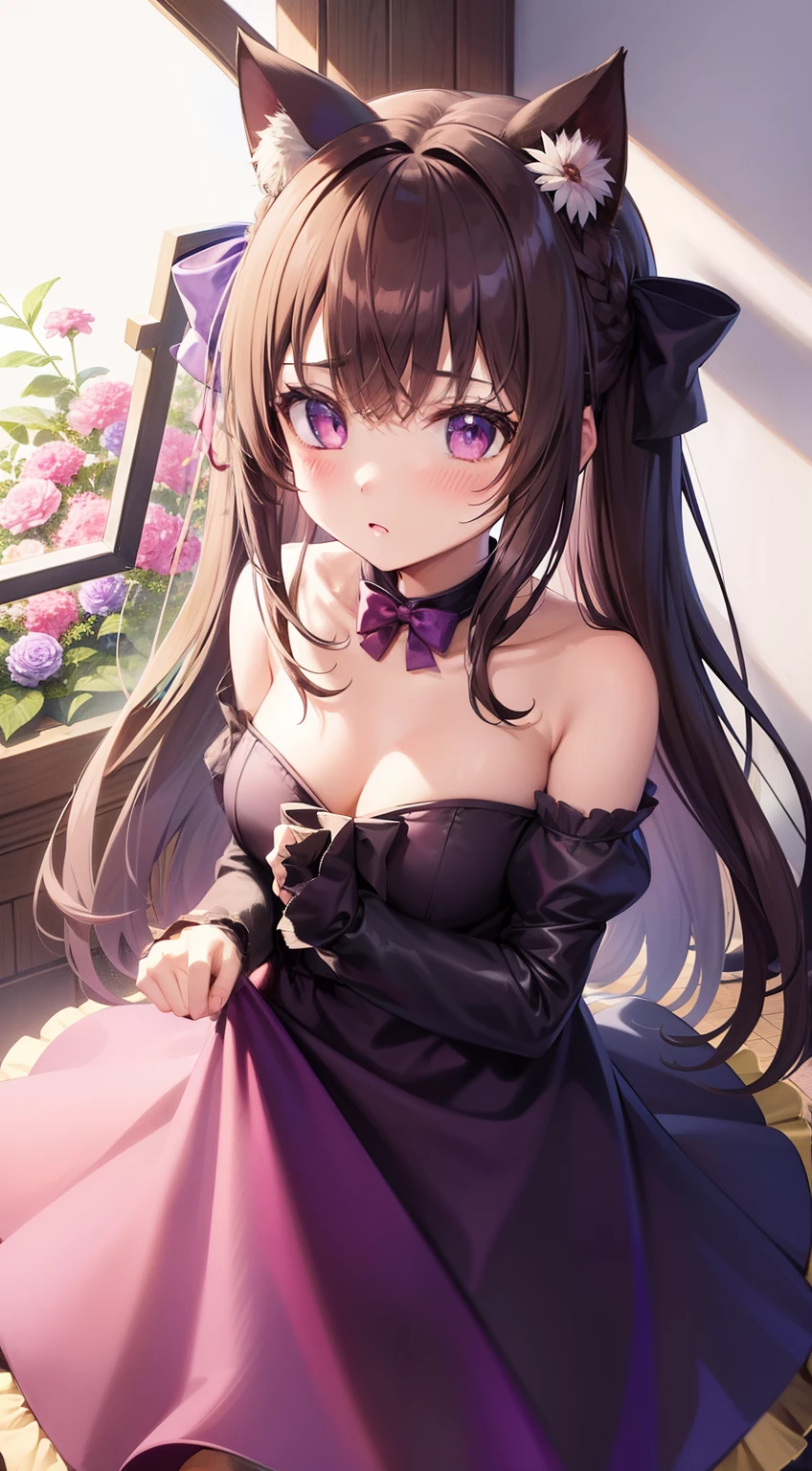 Stained Glass, 1girl in, Naked, Animal ears, Purple eyes, Brown hair, Wings, Solo, Long hair, blush, Cat ears, Flowers, Looking at Viewer, Braids, the bow, slutty dress, pink flowers, the bow, Hair Accessories, Bangs, Cats, Hair Flower, Animal ear hair, Holding, Virtual Youtuber, blue bow, holding animal, catwoman, stuffed toy,