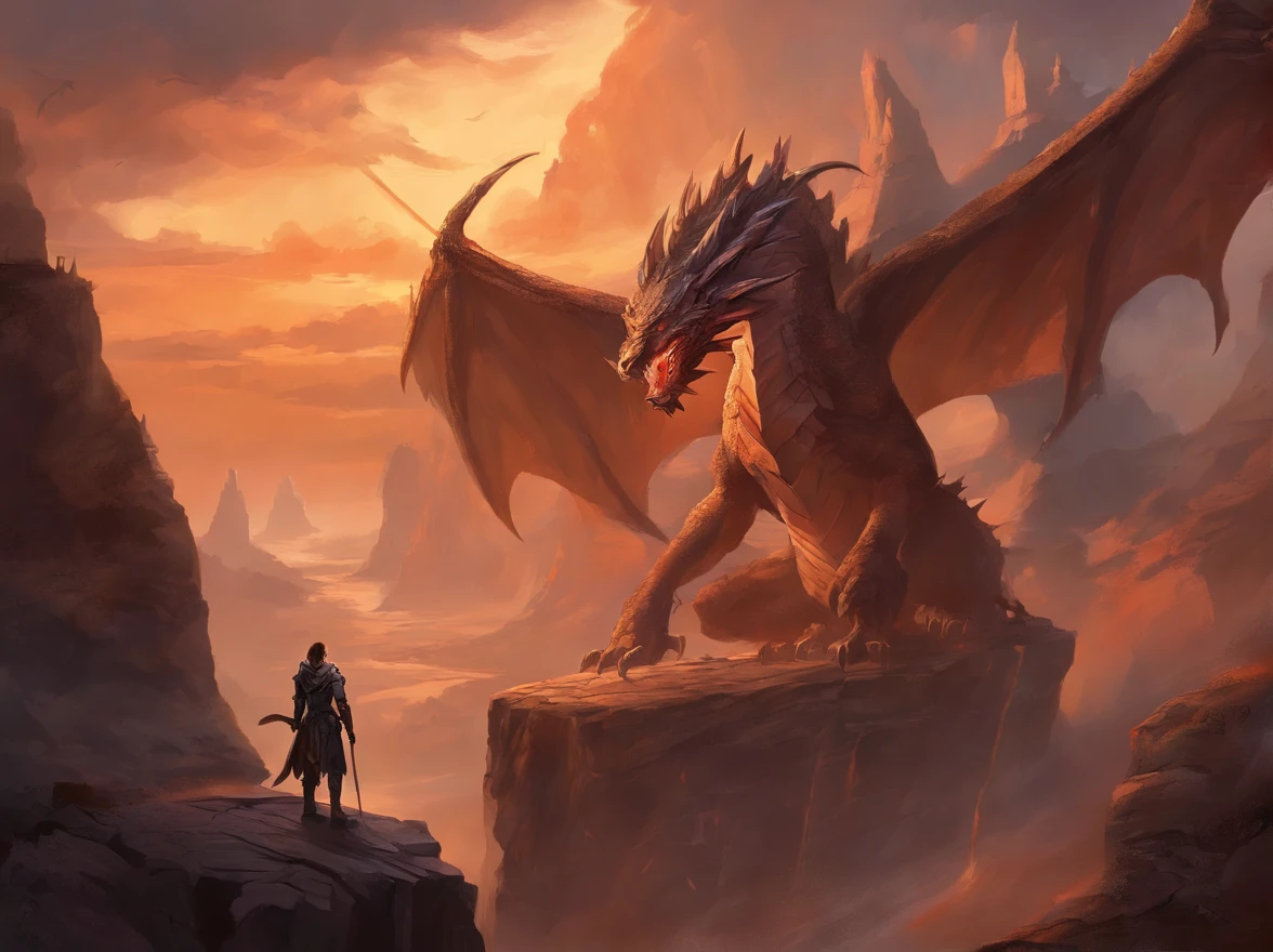 Barren cliffs of grey and brown granite overlooking a deep canyon filled with lava, on the close edge of the cliff rests a kneeling anthropromorphic dragon male, he only has an armored waistplate and has a sword in his right hand, his scales are dark grey over his back and shoulders, and on his inner thighs and chest his scales are tan, the sky is filled with stormy lightning clouds