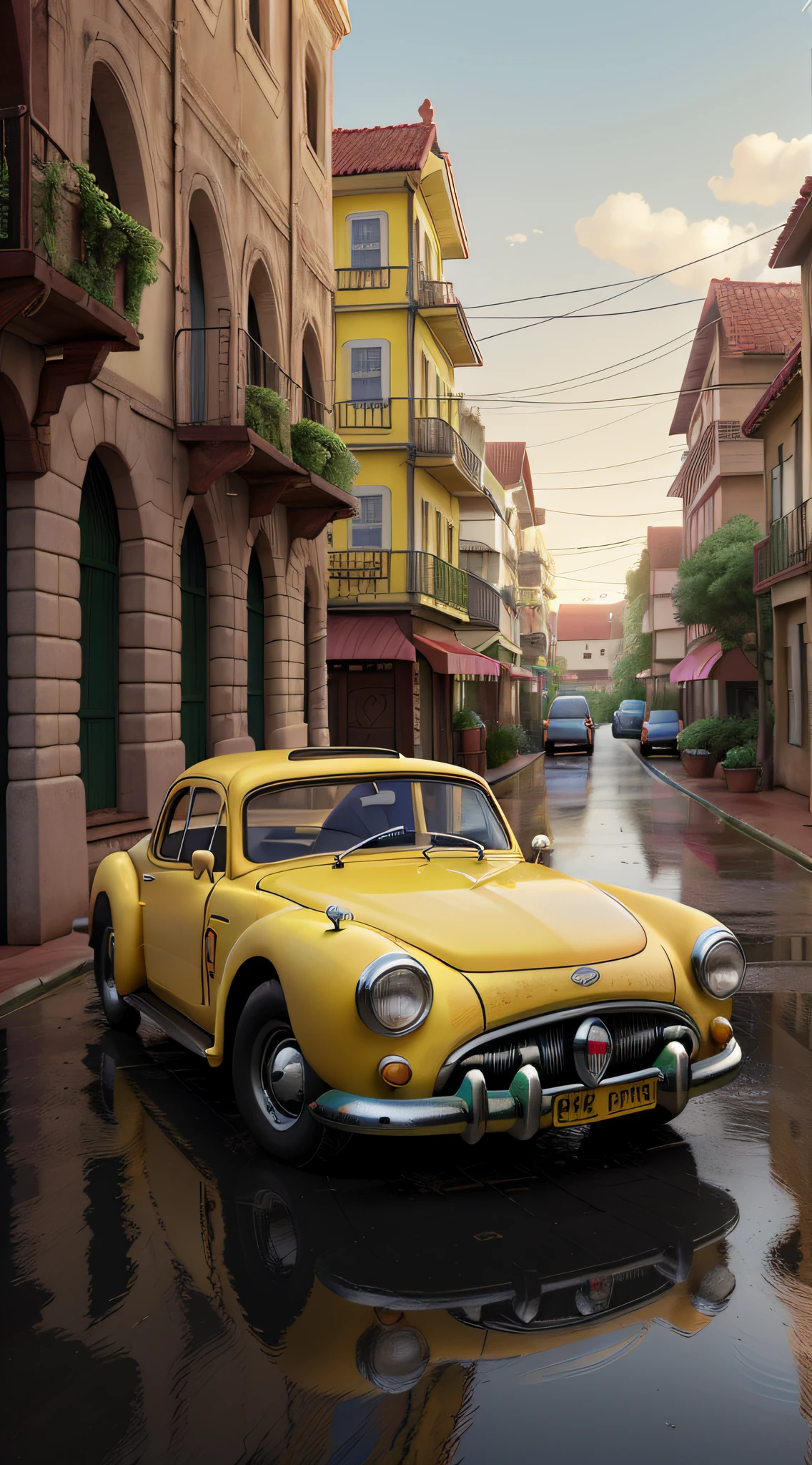 a yellow vintage car the wet ground behind several old buildings, igual aos filmes Disney Pixar