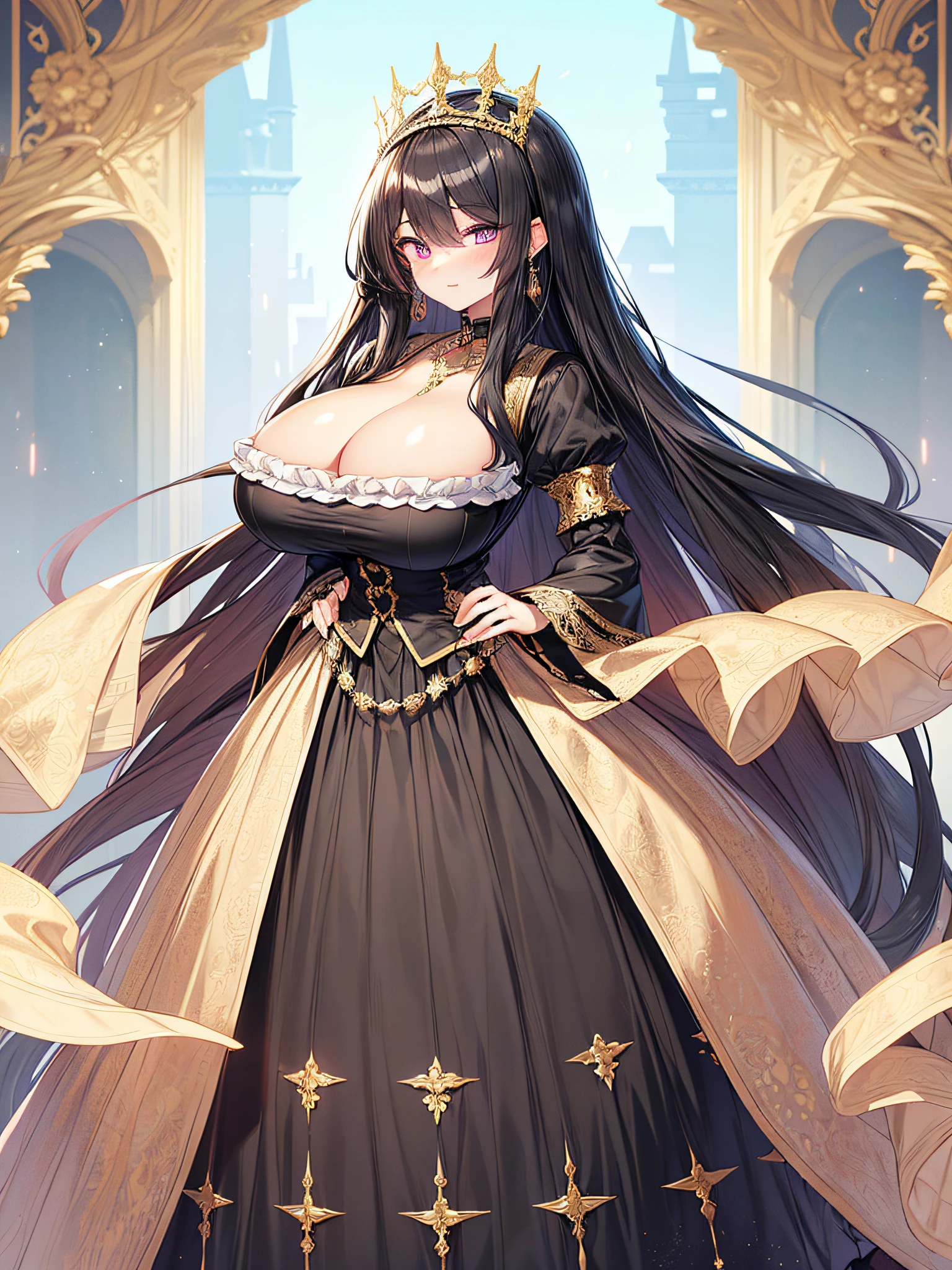 anime artstyle,Masterpiece,(Best Quality),(Super Detail),(Very Delicate and Beautiful),(Solo),((full body portrait)),full body,full body portrait,(detailed face and eyes),jewel-like beautiful eyes,(ruffled gorgeous black rococo ballgown decorated with frilled voluminous full length hoop skirt),(Decadent and arrogant queen),Purple eyes,(Bangs between eyes),(arrogant,haughty),arrogant smile,((1 arrogant queen in a beautiful embroidery and jeweled gorgeous black rococo ballgown with voluminous full length hoop skirt)),((gold trim,Decadent,Crinoline)),super detailed gorgeous rococo black ballgown with frilled voluminous full length hoop skirt,(black Hair,large amount of straight hair,extremely voluminous Very Long straight Hair,Absolutely Long Straight Hair),((gigantic boobs)),cleavage,(fantasy castle,outdoors,outside the castle),long_gloves,extremely gorgeousfull jeweled hair ornament,bling-bling extremely gorgeousfull jeweled tiara,(luxurious jewelry),full body portrait