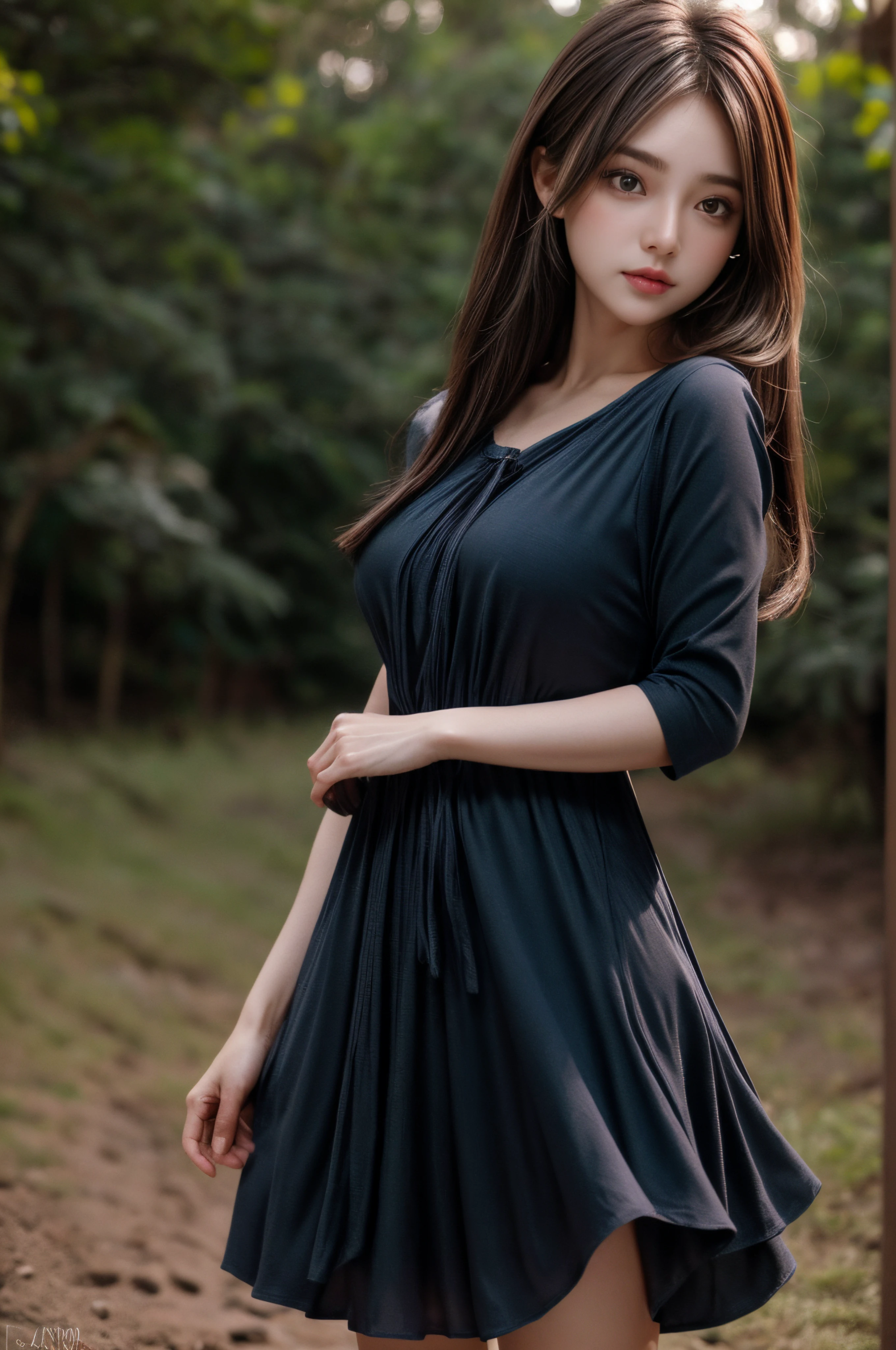 Uma garota com cabelos castanhos e olhos azuis escuros em uma pose natural, usando um vestido. A imagem deve ser da melhor qualidade, with 4K resolution, cores vivas, ultra-detailed and sharp focus