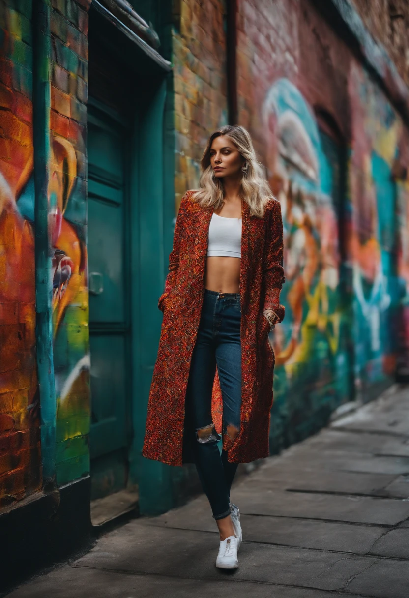 A photo of a colorful graffiti mural in a vibrant city alleyway.,original,Wearing beautiful clothes and having a nice body