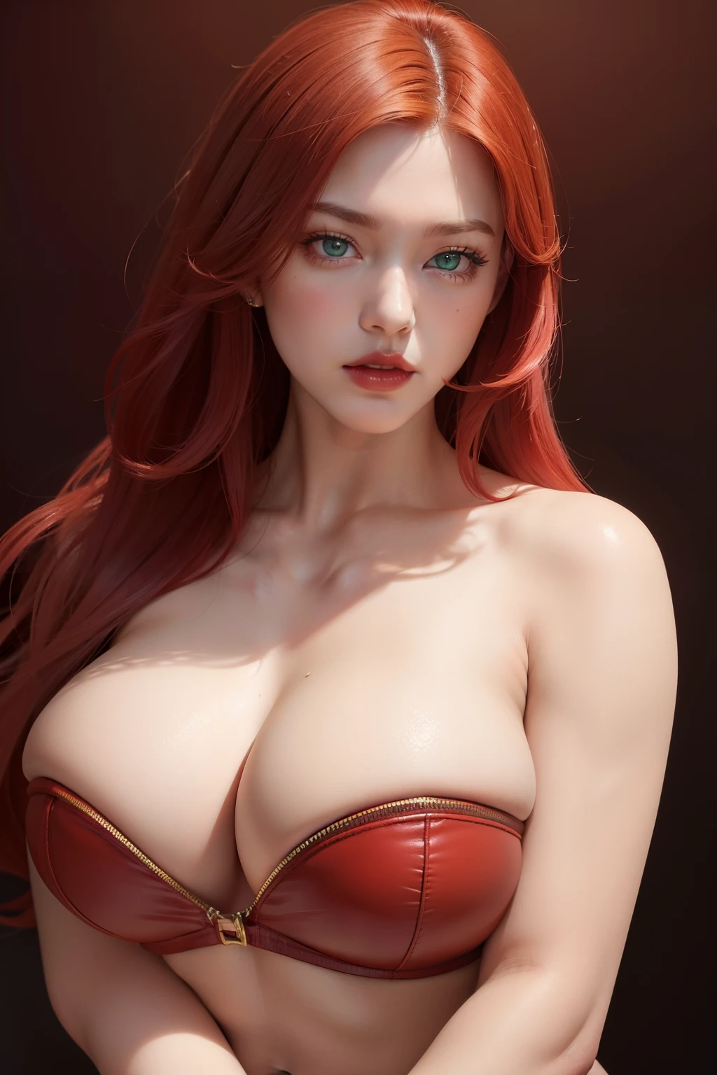 ((masterpiece, best quality, ultra-detailed, ultra-HD, photorealistic, cinematic)), ((alluring female model)), (medium shot:1.5), voluptuous body, perfect body, sexy body, perfect face, perfect hands, large cleavage, round ass, long round legs, (fiery red curls hair), (only wears a vibrant crimson leather jacket ), (naked), (studded boots), (fingerless gloves), (gradient background:1.2), (sensual pose:1.2), (Irish-looking face), vivid green eyes, detailed pupils, detailed eyes, blushing, slightly parted lips, bold red lips