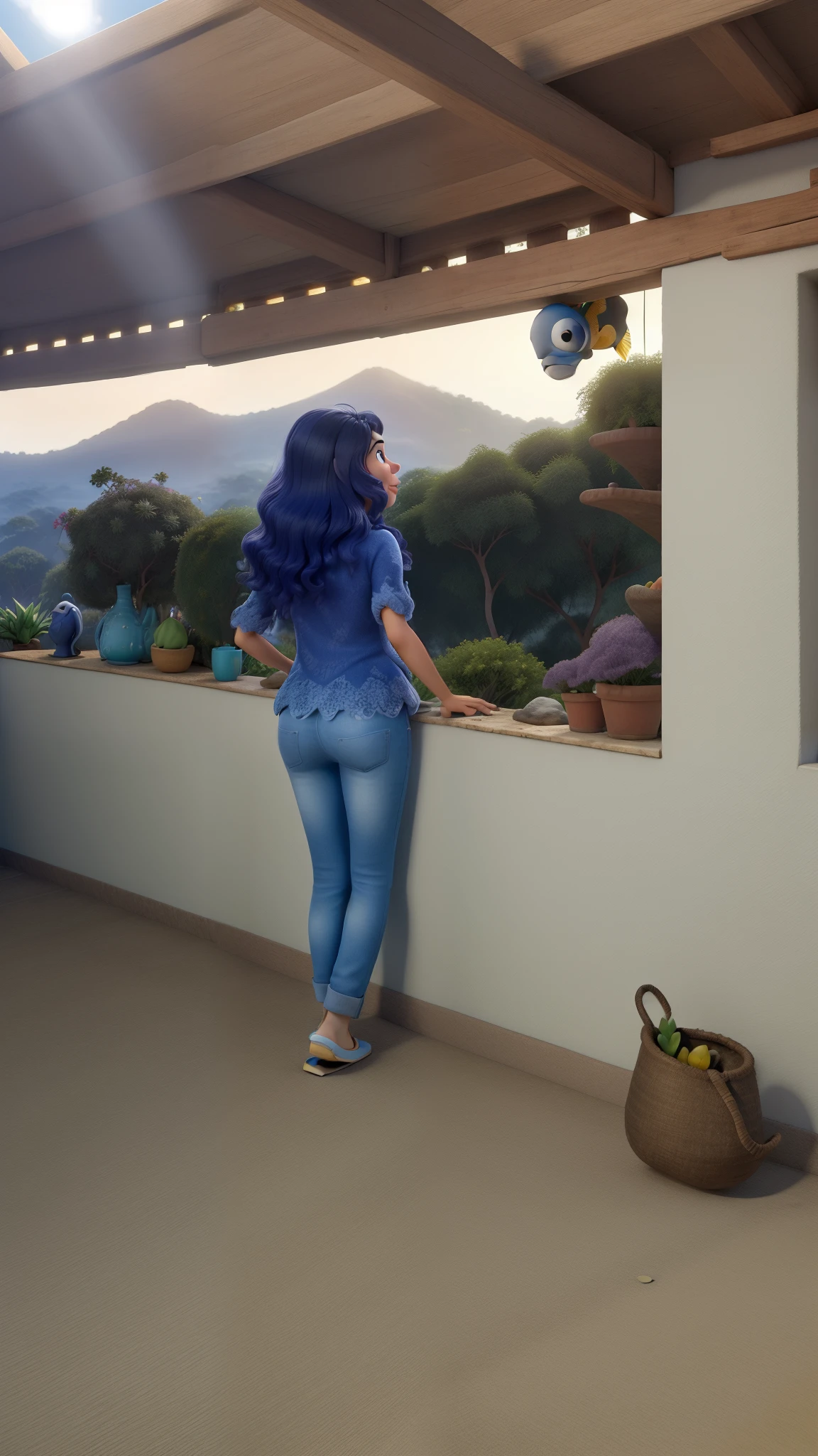 Obra-prima, de melhor qualidade, pegar estilo da imagem e transformar em estilo Pixar, parede cor branco gelo, algumas plantas