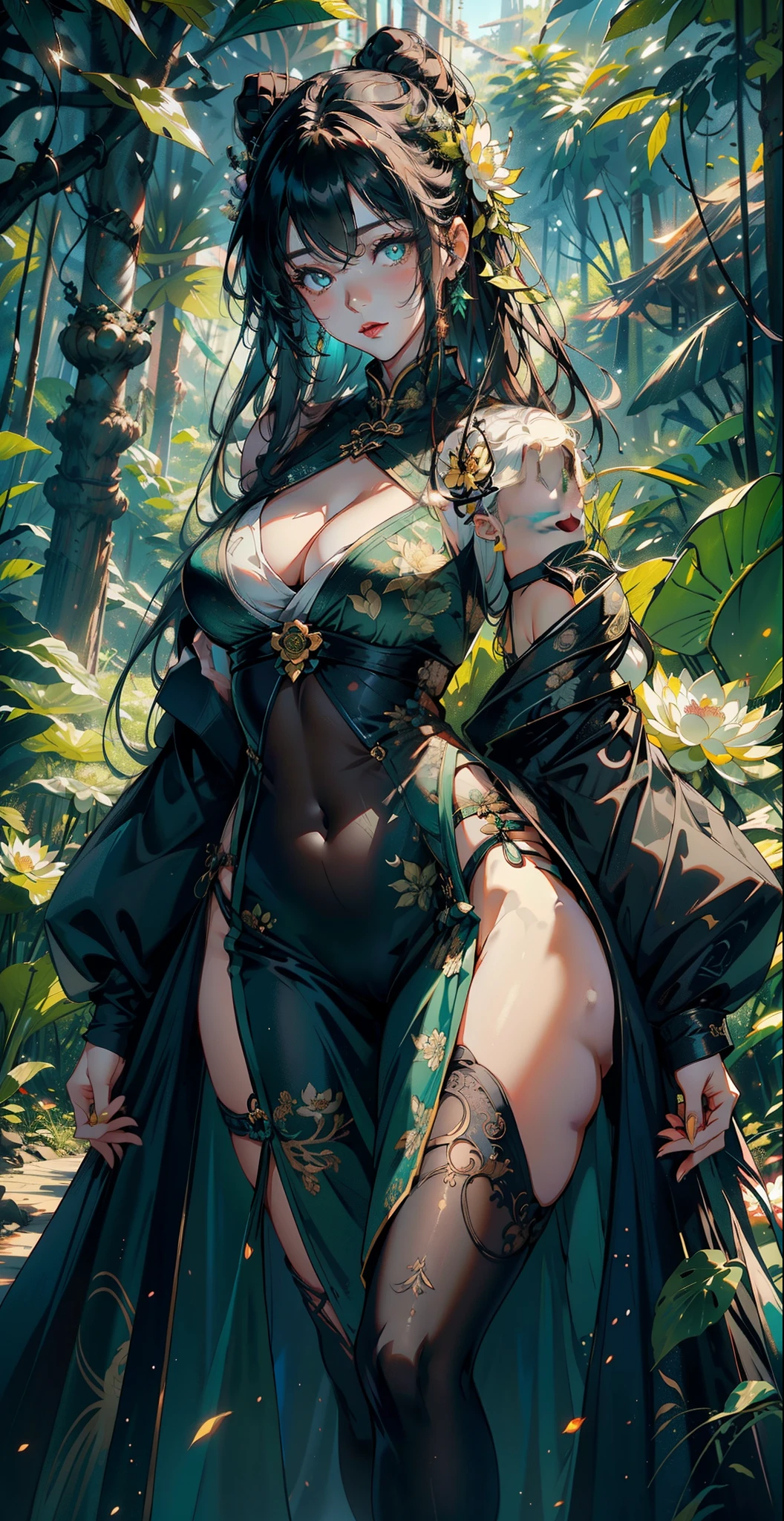 1female,25 yers old,A MILF,medium breast,独奏,(Background with:hospitals,the rainforest,lotus flower,Sateen) She has long green hair,bobo head,,seen from the front, standing in forest, mostly cloudy sky,(((tmasterpiece),(Very detailed CG unity 8K wallpaper),best qualtiy,cinmatic lighting,detailed back ground,beatiful detailed eyes,Bright pupils,yellow eyes,Snow-whiteskin,(Very fine and beautiful),(Beautiful and detailed eye description),ultra - detailed,tmasterpiece,))facing at camera,A high resolution,ultra - detailed),extremely large bosom,A sagging breast,revealing breasts,Bare genitalia, Bulge,legs are open,Raised sexy,,Flushed complexion,Desire for dissatisfaction,frontage,(Wearing: Green cheongsam, pantyhose, long gloves)