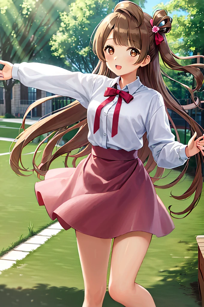 girl, solo, masterpiece, best quality, 8k, high resolution, sit,Minami Kotori、Brown hair、(Brown Eye Degree:1.5)、One side up、Hair Ribbon、bow ribbon、long、girl in dark pink latex t-shirt with flower, with purple eyes and dark red hair,stay in garden,have mini skirt ,,one girl,photo from backside