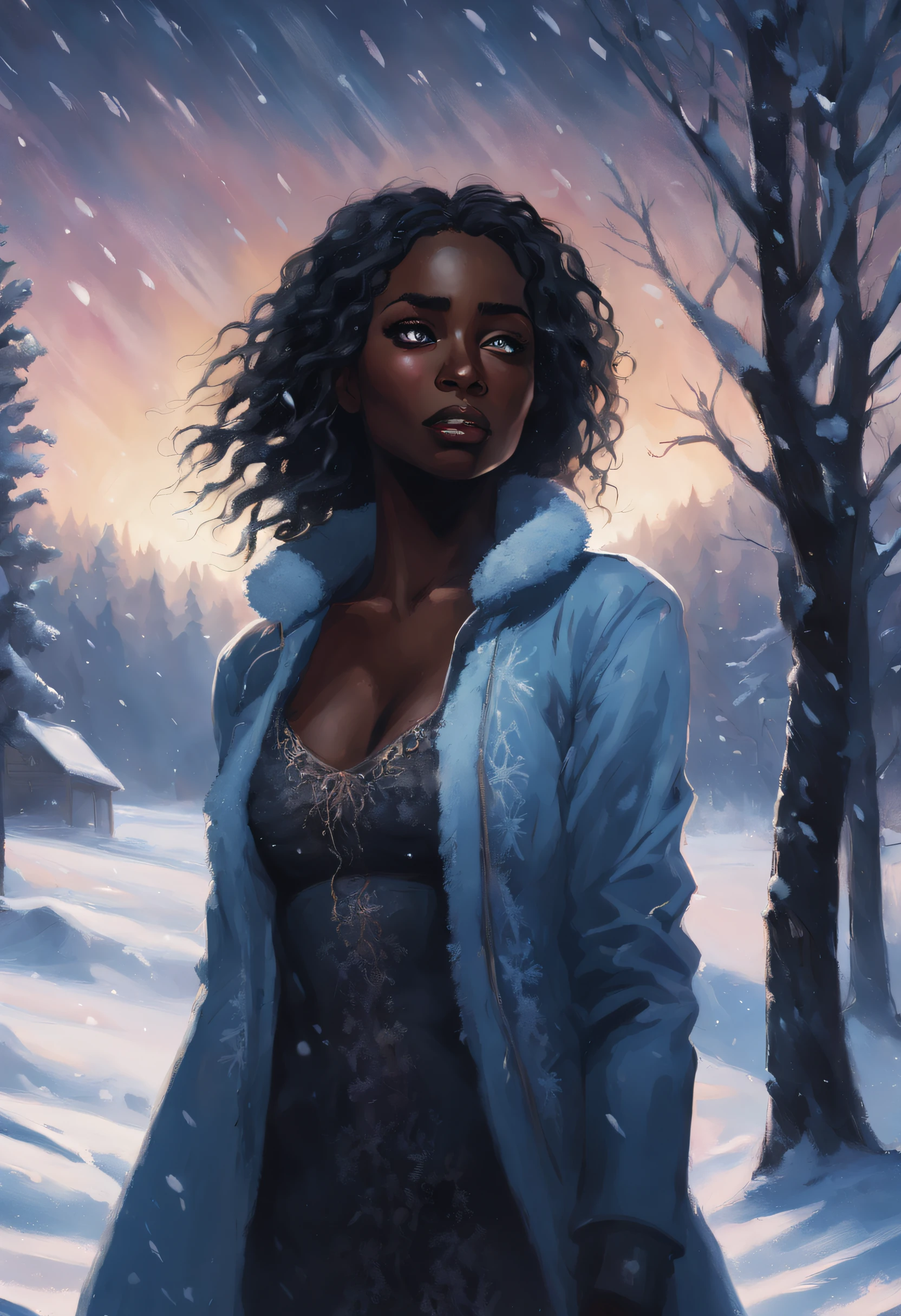 A black beautiful woman with long curly hair and blue eyes filled with tears stands alone in a snowy landscape during a snowstorm. The scene is captured in an illustration style, with incredibly detailed snowflakes falling all around her. The colors are incredibly vivid, with a stark contrast between the frozen landscape and the emotions expressed on the woman's face. The lighting is dramatic, highlighting the intensity of the moment.
