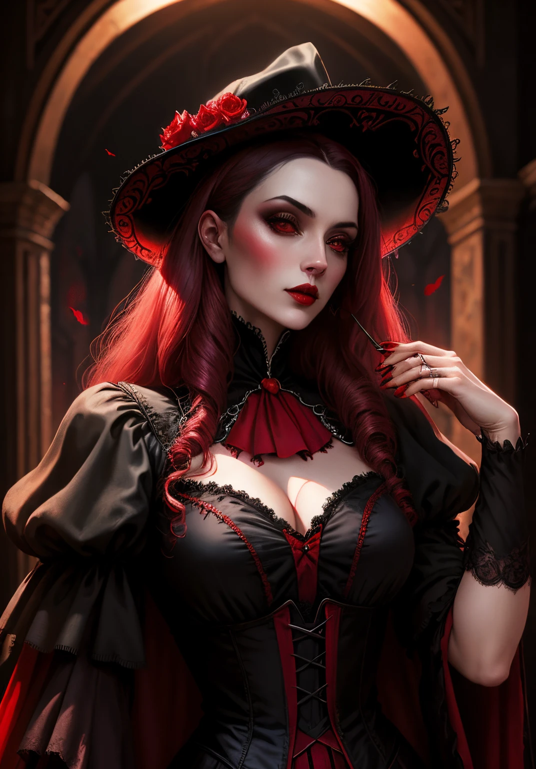 A Dracula Woman, vestida de vermelho e preto com olhos vermelhos, arte por John Avon, gothic art, lo gothic, RococoStyle, darksynth, melhor qualidade