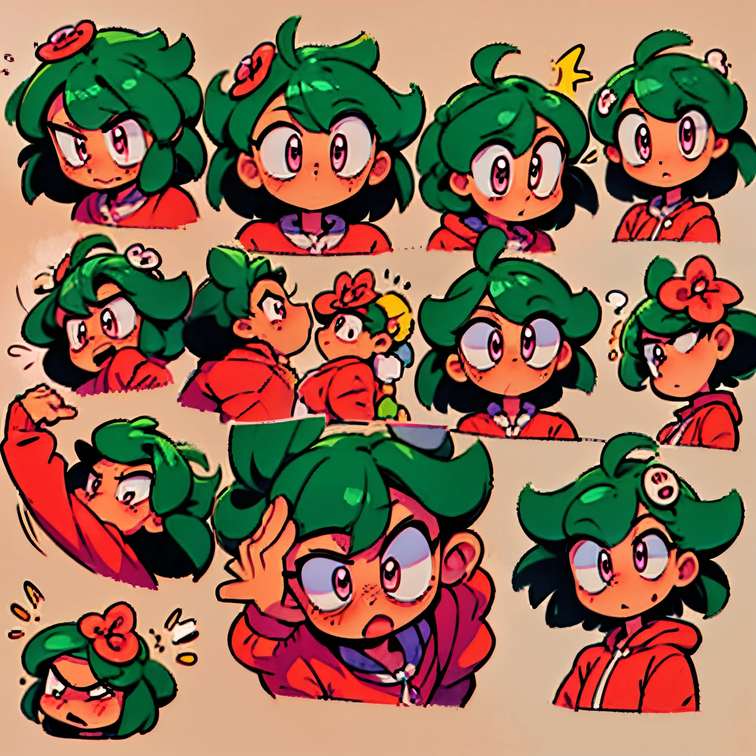 anime female head icon short green hair pink eyes looking diagonal right up surprise happy no background