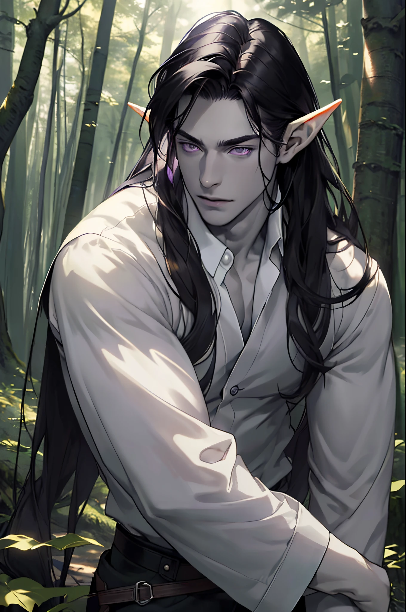 (masterpiece),best quality,1male, beautiful face, very handsome, sunlight, elf ears, (pale skin:1.2), handsome, young adult, black hair, purple eyes, long hair, detective clothes, forest background, face focus, portrait,