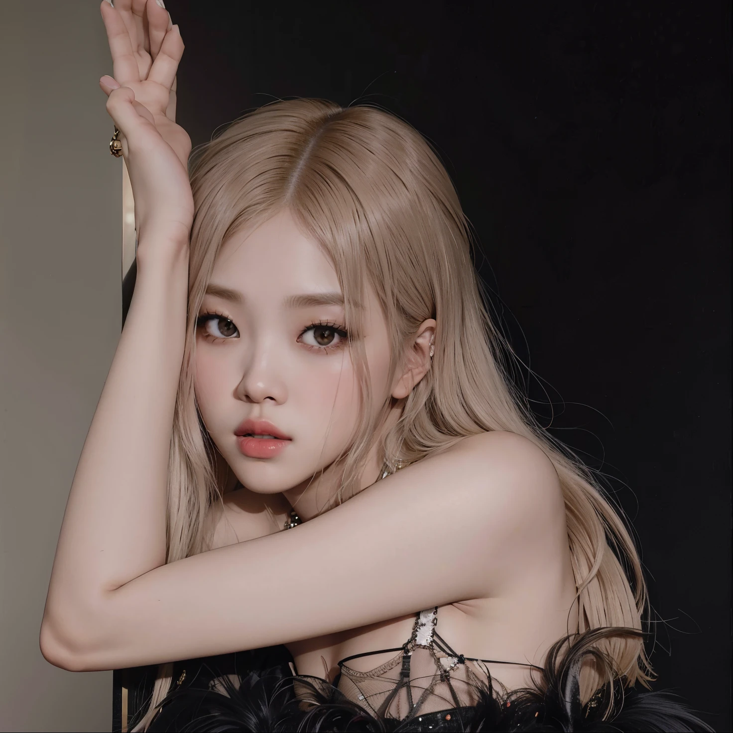 Mujer rubia con el pelo largo posando con un vestido de plumas negras., Retrato de Jossi de Blackpink, Parque Roseanne de Blackpink, Jossi de Blackpink, Retrato Jisoo Blackpink, con el pelo largo y blanco, JIA, con pelo largo blanco, Sha Xi, Hada Ellie Bamber, Heonhwa Choe, Jinyoung Shin, Sun Yunjoo, Blackpink Jennie, Taejune Kim