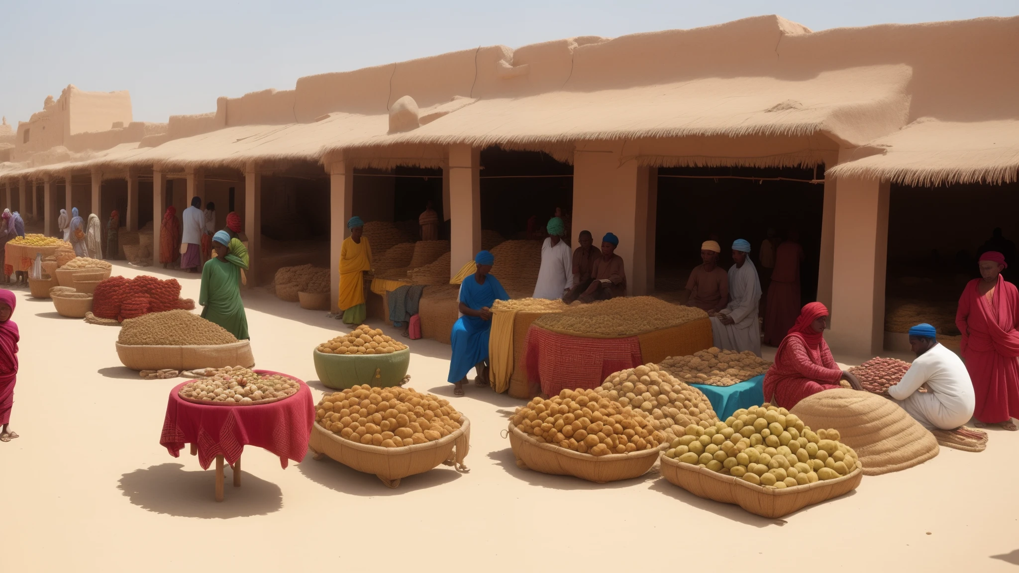 Open-air market in Timbuktu, people trading, traditional houses from the region