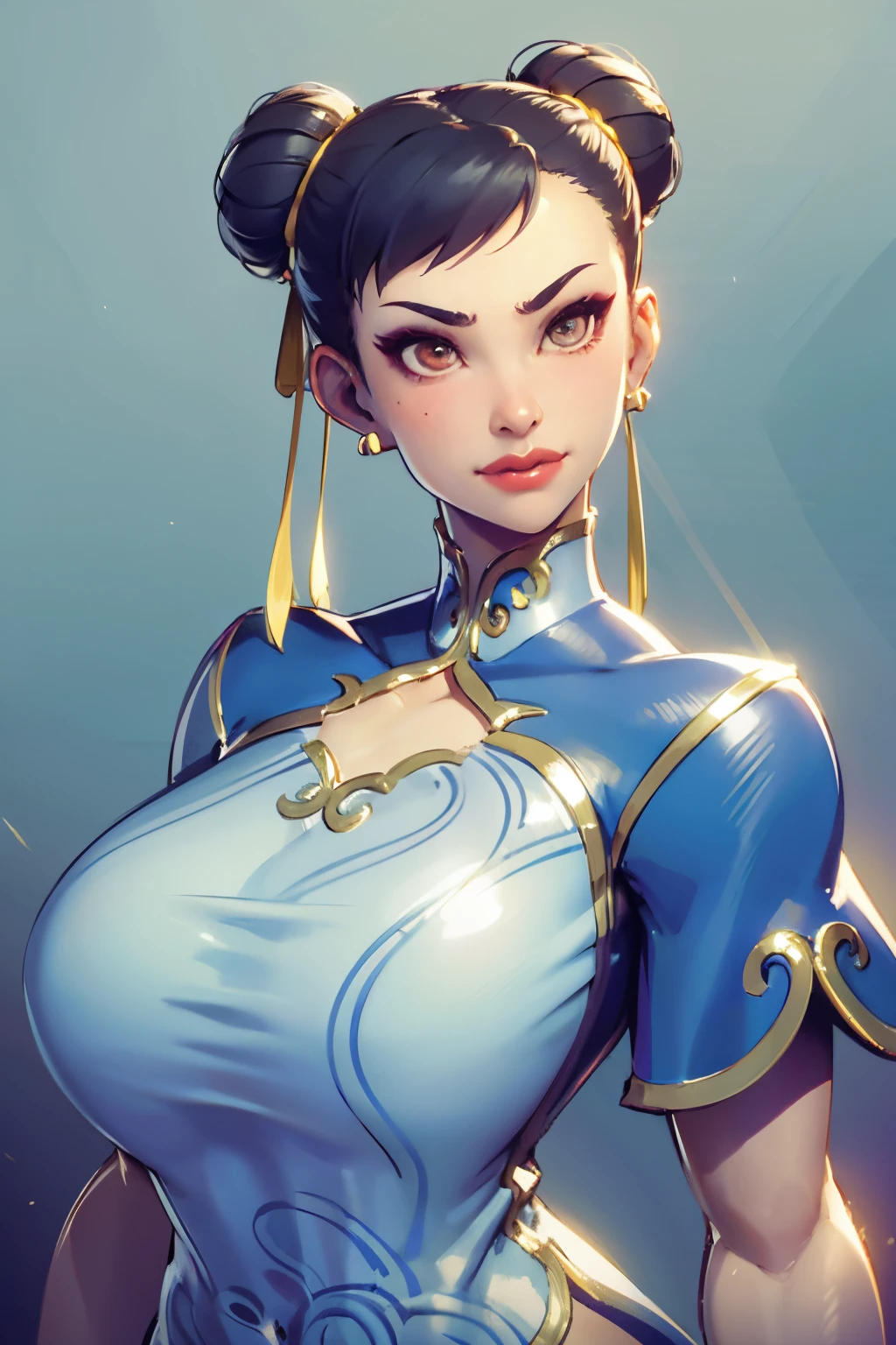 Chun-li, from street fighter,(big breast:1.5),dynamic poses, totally wide open her chest,super perfect body curve, hair ribbons, twin hair buns, (gigantic breasts:1.1), S-shaped body,anime waifu (18 years old)-hot daddy-frivolity-body language, fit figure, bad laughing,gorgeous perfect face, realistic style and super detailed renderings, superrealism,kawaii, zbrush, super-realistic oil, contour shadow-process - (Waiting to start)