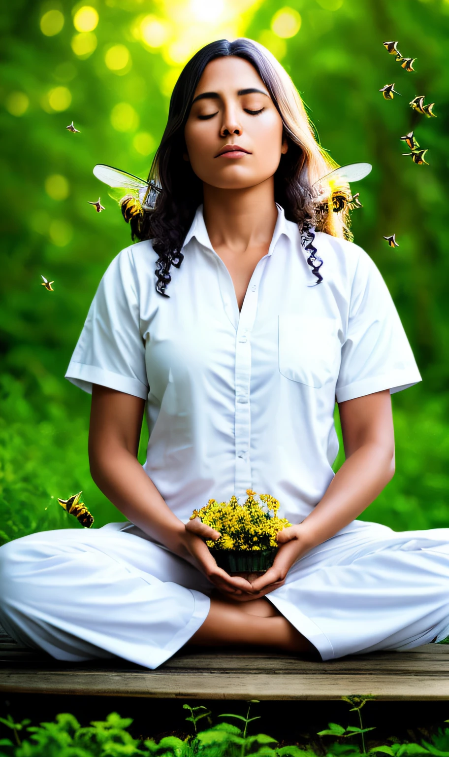 A person meditating in nature with bees flying peacefully around.