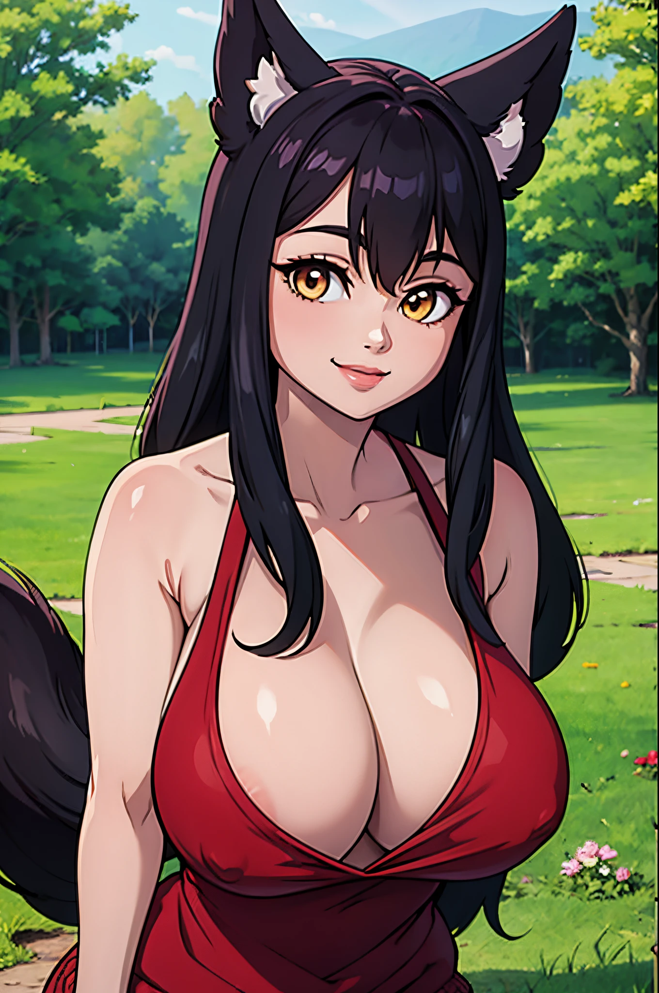 (masterpiece, official art), 1girls, solo, shortstackBT, shortstack, thick, curvy, curvaceous, black hair, yellow eyes, long hair, ahri, fox ears, (red virgin killer sweater), (closeup), portrait, (huge breasts), plump, standing, view from front, countryside, sunlight, looking at viewer, (upper body), smile, seductive, alluring attire, (cleavage), open shoulders