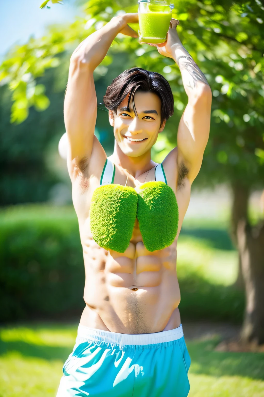 Imagine the Japanese character known as the "Green Juice Prince" embodying the essence of health and wellness with aplomb, creating a quirky and healthy figure in the world of nutrition.