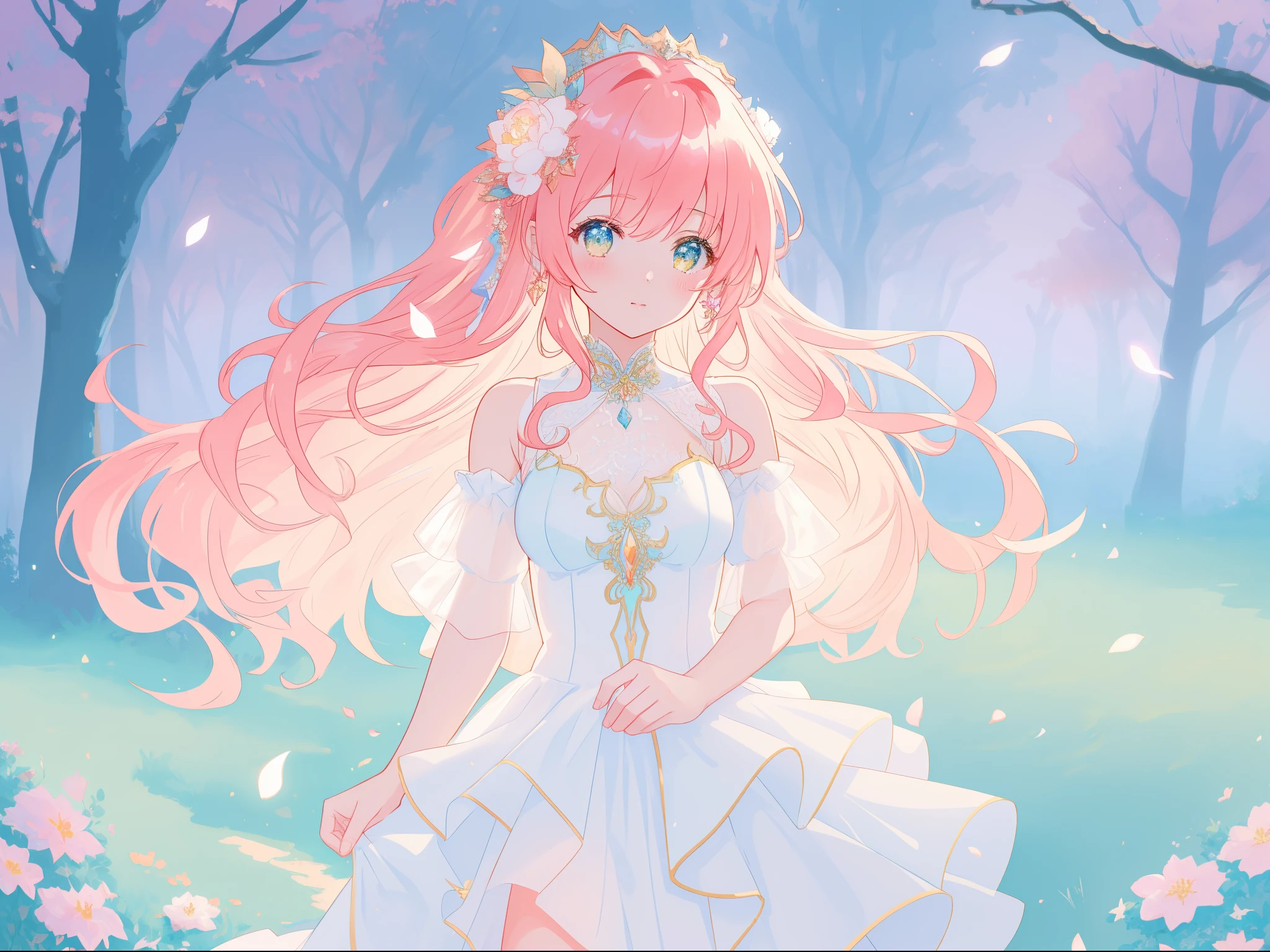 beautiful fairy girl in sparkling white ballgown, puffy flowing ballgown, sheer fluttering sleeves, ((glowing sheer layered dress)), long red gold hair, colorful fantasia background, delicate white flowers in her hair, watercolor illustration, glowing lights, beautiful digital illustration, ((fantasia otherworldly landscape)), beautiful, masterpiece, best quality, (vibrant pastel colors), (colorful), magical forest landscape, sharp focus, intricate details, highly detailed, 8k resolution