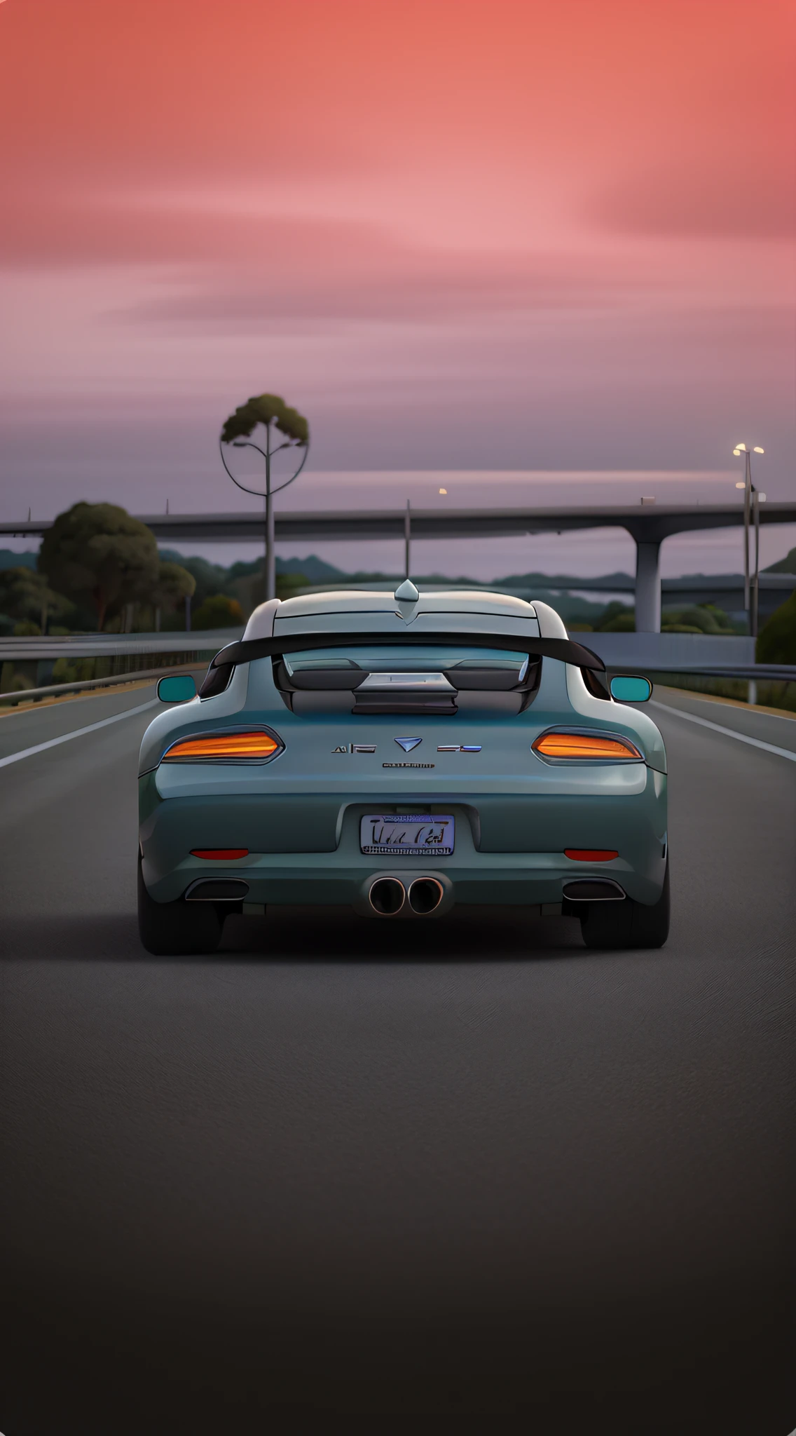 um carro branco com um aerofolio grande mostrando somente a parte de traseira e atras do carro uma linda paisagemdo ceu e um viaduto igual aos filmes Disney Pixar