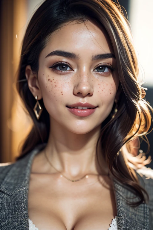 1 beautiful Nepalese woman, 35 year old, freckles skin, smiling with dimple on cheeks, brown skin, Super beautiful detail face, blue long blazer , large shoulder, long neck, curvy sexy body (Slightly open mouth, Sexy look:1.1), (Beautiful big breasts:1.3), (Fine face:1.2), Accessories, earrings, conceptual art, High quality, Realistic, extremely detailed CG unified 8k wallpaper, Very detailed, high-definition RAW color photography, professional photoshoot, Cinematic Light, Beautiful detailed, Super Detail, high details, Sexy Art, (((Bokeh))), depth of fields, illumination, Super stylish lighting,