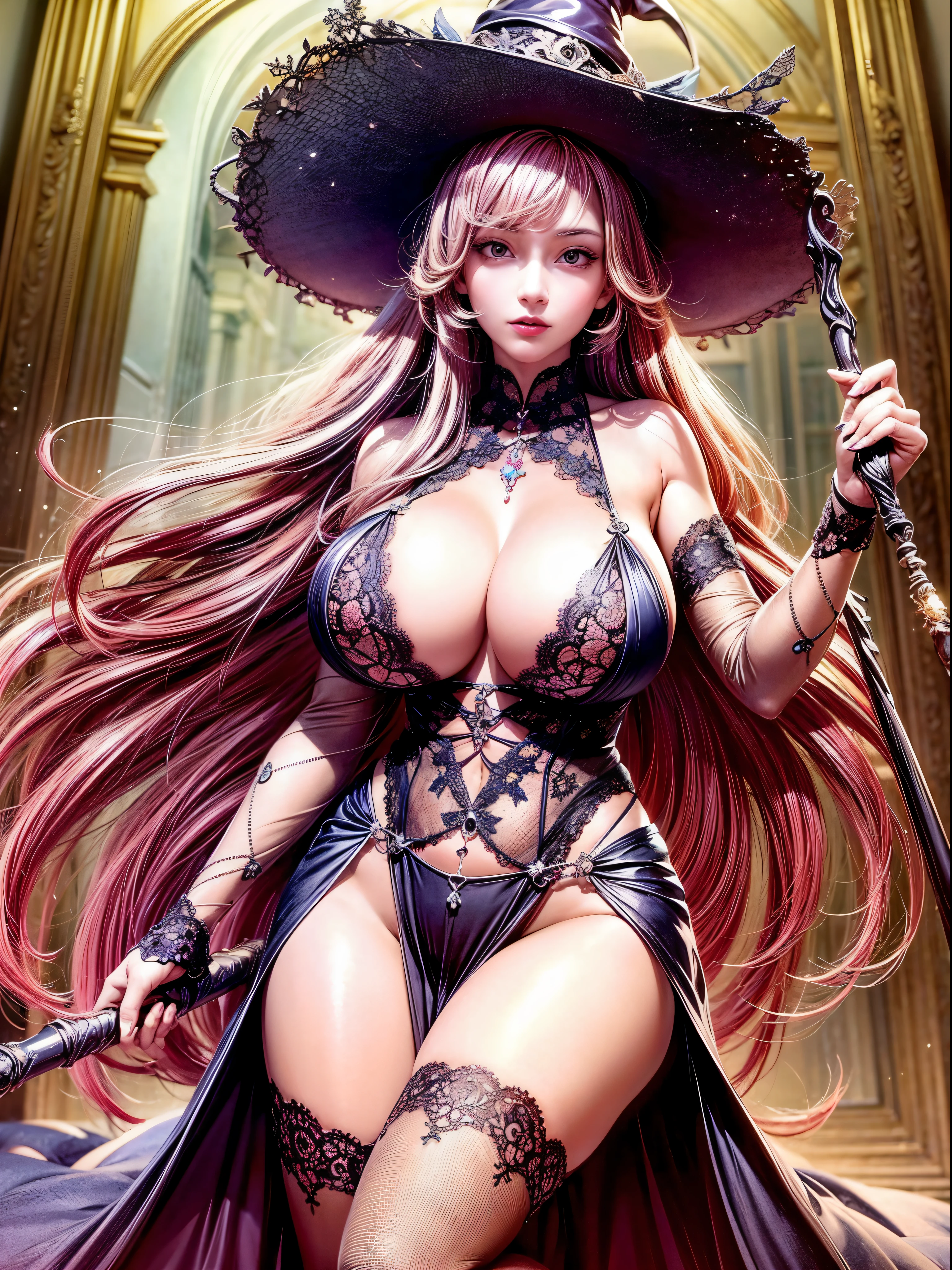 ((Masterpiece)), ((Best Quality)), Ultra High Resolution, HDR, Ultra Realistic, absurd, 8K, Perfect Art, Super Detailed Rendering, Masterpiece, High Quality, high resolution, ultra-detailed, Clean, Masterpiece, Professional Artwork, beautiful, masterpiece, best quality, The Sorceress from Dragon’s Crown, a sexy sorceress, (long red hair: 1.4), long hair, beautiful face, detailed female face, (((perfect female body, narrow waist))), beautiful female body, full body, very pretty woman, young, very pretty woman, sexy, tall, sexy, very attractive, (very big breasts:1.4), (huge breasts), Large wide brimmed witches hat, Black witches hat with purple ribbons, a black bustier with a white lace rim around the breast, cleavage, deep cleavage, long purple skirt with a high split showing all of her leg, pointed witches shoes, brown sash belt, holding a large wooden witches staff.