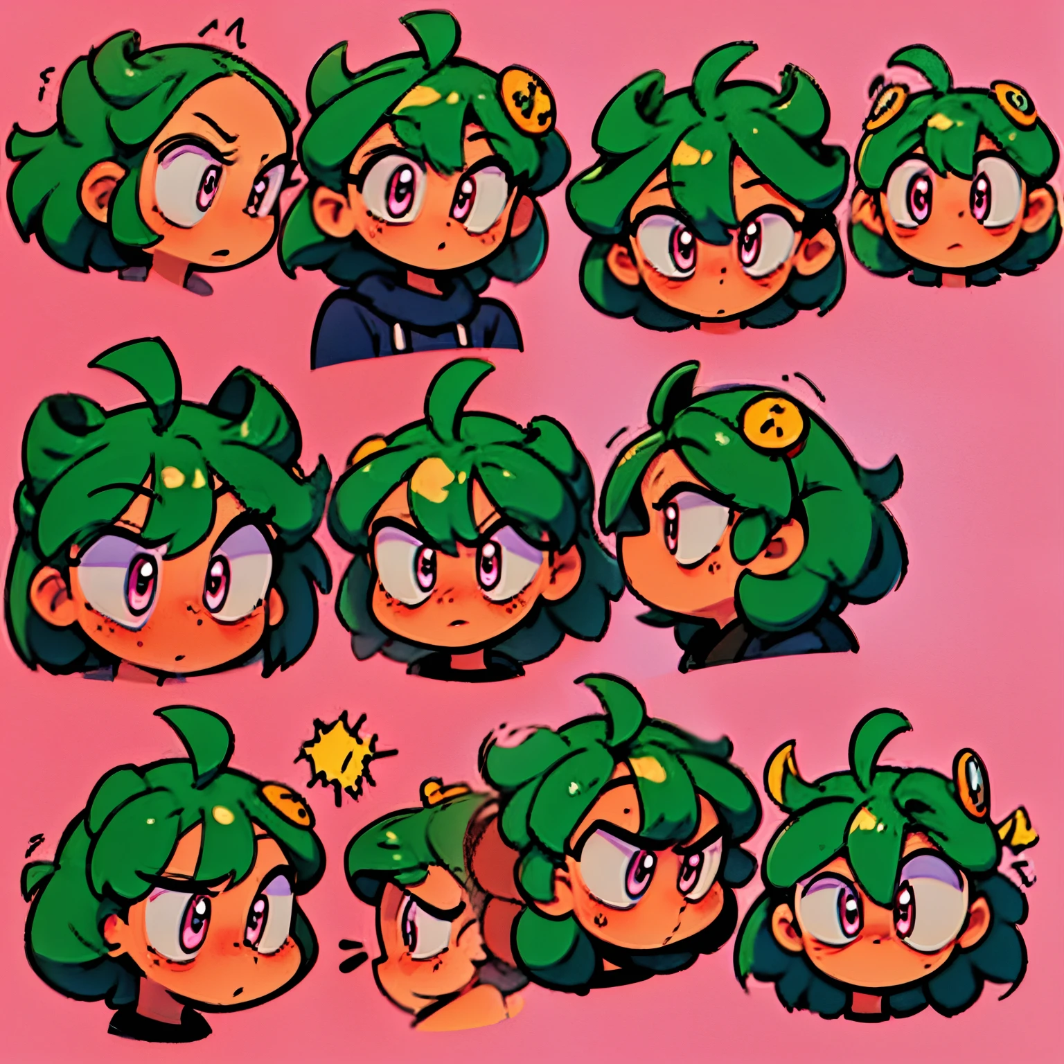 anime female head icon short green hair pink eyes looking diagonal right up surprise happy no background