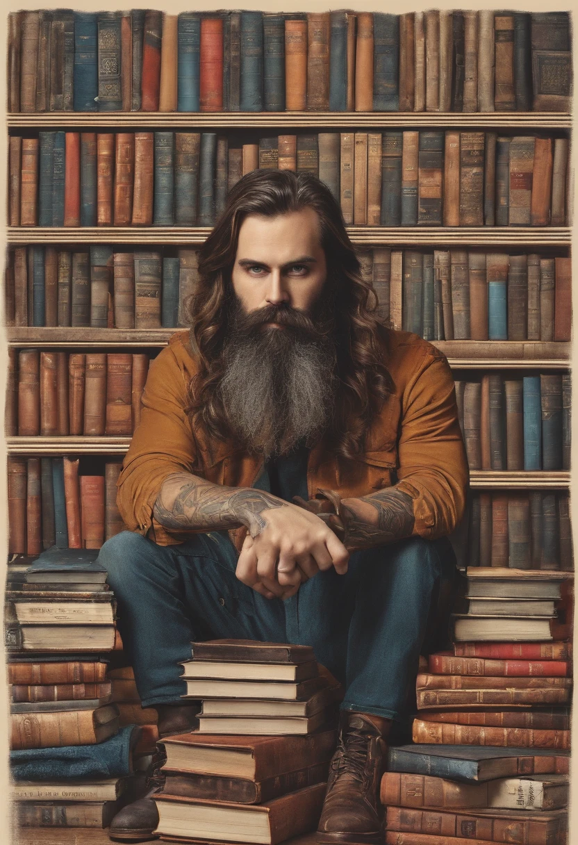 A photo of a collection of books with the titles obscured by black markers.,original,Waifish, dirty, long hair, long beard, dressed in dirty ill-fitting clothes