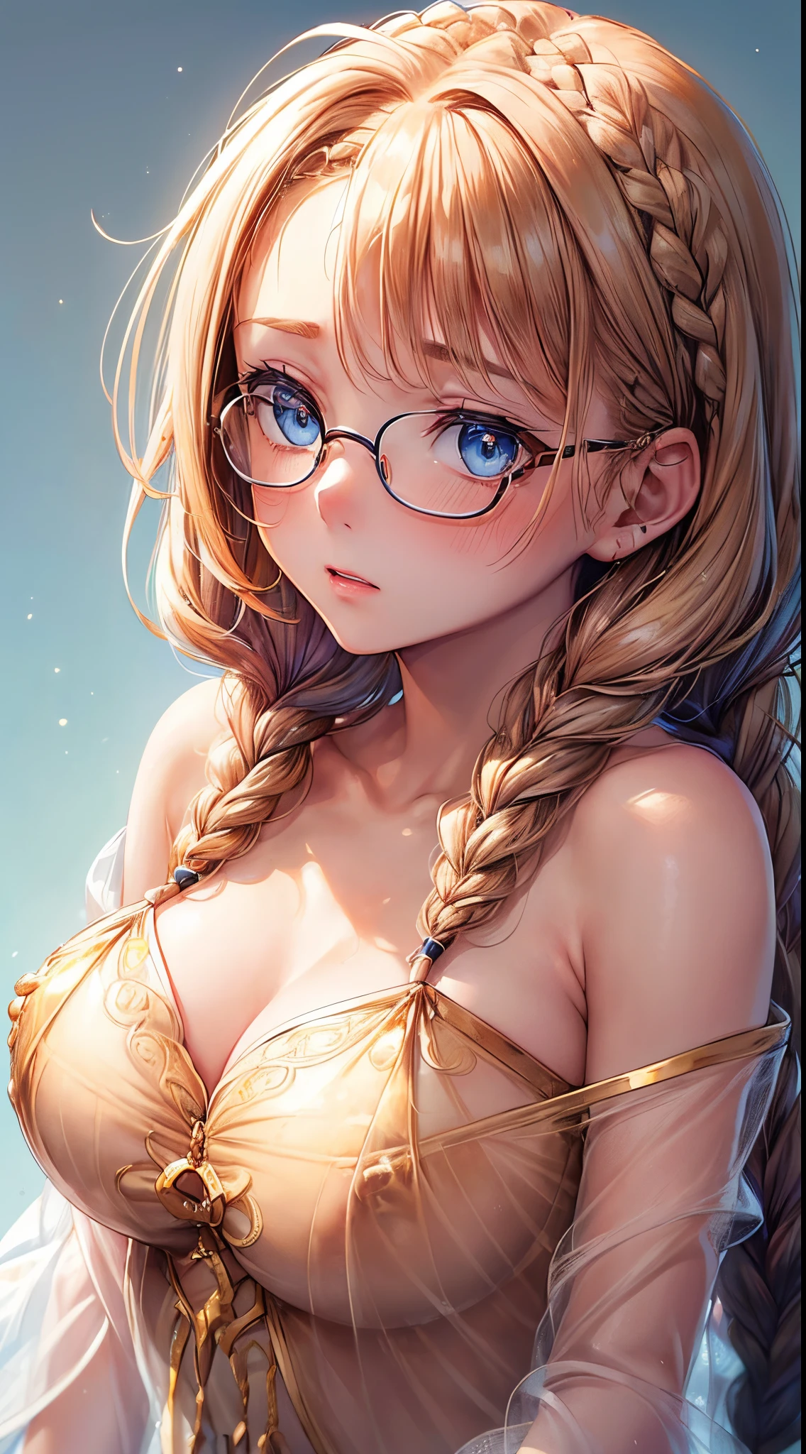 1womanl,Golden head hair, ,((Impatient expression)),Beautiful breasts,thin white tube top,well-styled,,(Facing the front)(((Blushing cheeks、Surprised look)),(((Braids))),((( Upper body portrait)))Frameless glasses,Blue eyes,(((Bangs are aligned)))((see -through))