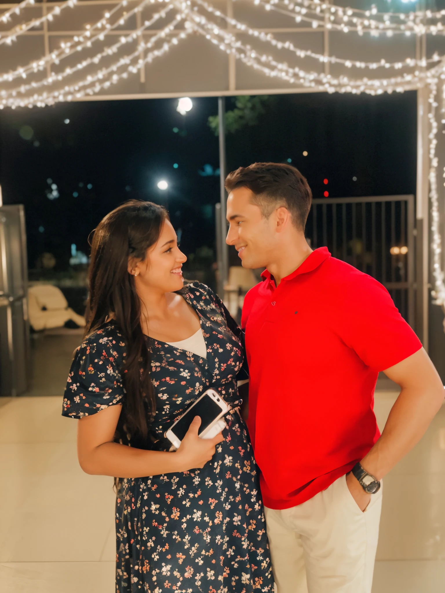 An illustration of an adorable couple, Highlight for a brunette man and a brunette woman with beautiful expressive eyes – the man's skin is brown and the man's hair is military and black, while the woman's skin is brown and the woman's hair is curly and brown. They are a bright room, cada um com um sorriso no rosto, e compartilhar um momento especial caracterizado pelo amor, Insights. Illustrate this scene from a perspective where they are facing the camera, Smiling and Showing Your Connection. Desenvolva esta arte em Full HD, Focus on your cinematic touch, Estilo Disney Pixar Animations