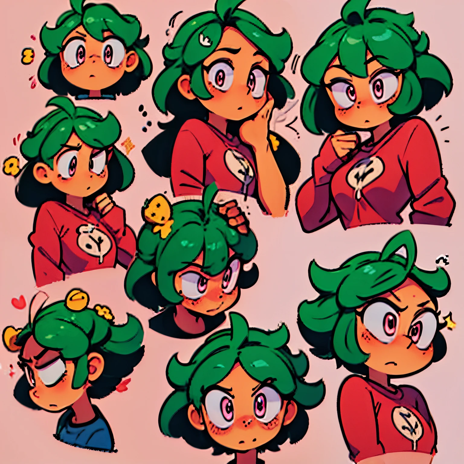 anime female head icon short green hair pink eyes looking diagonal right up surprise happy no background