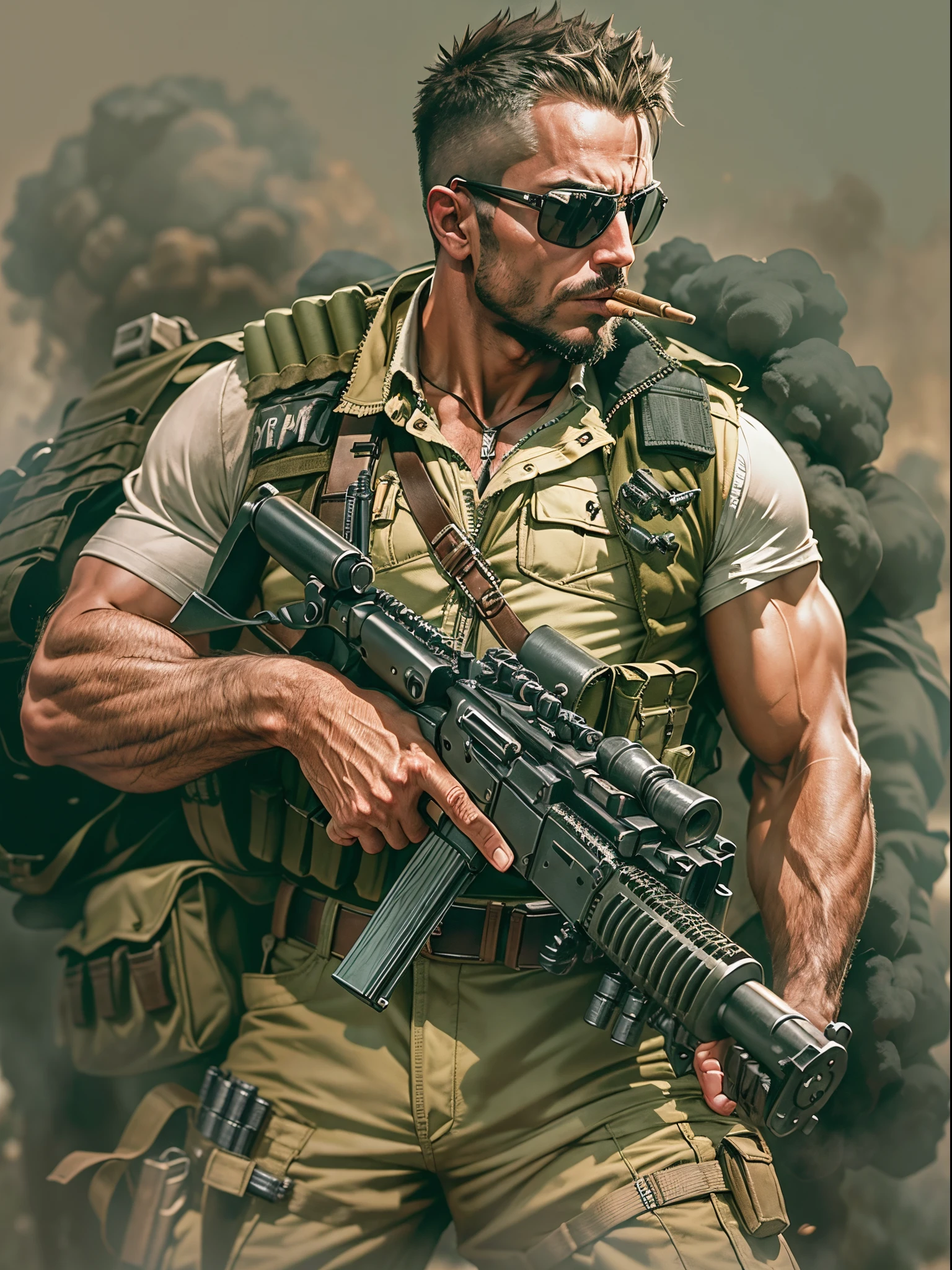 Mercenary, male focus, holding a belt-fed machine gun with two hands, load-bearing vest, cigar in mouth, ammunition belt, danger atmosphere, war zone