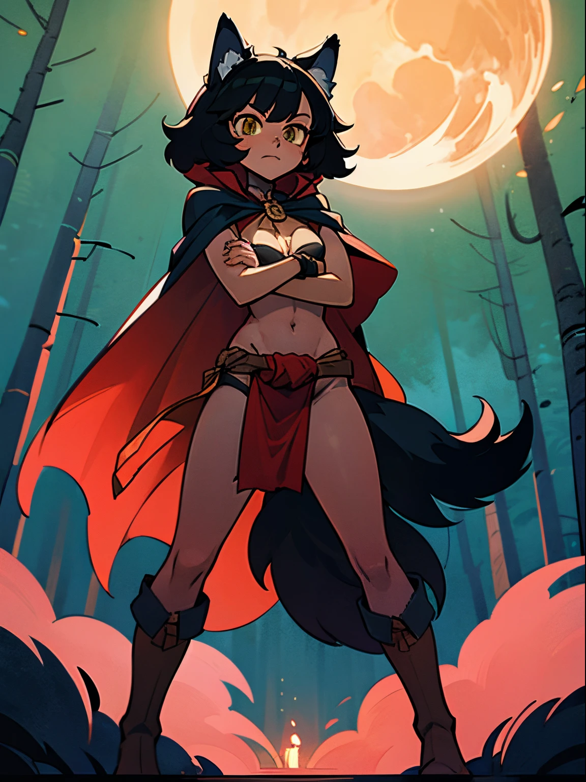 solo, (human), wolf girl, black hair, big hair, wolf ears:1.2, wolf tail:1.2, black skin, tomboy, perky breasts, arms crossed, weapons, red clothes, hood, cape, loincloth, breast bindings, abbs, at night in a forrest, moonlit, hunter, (masterpiece, golden rule, drawn, beautiful art, shaded, anime), straight on view, boots
