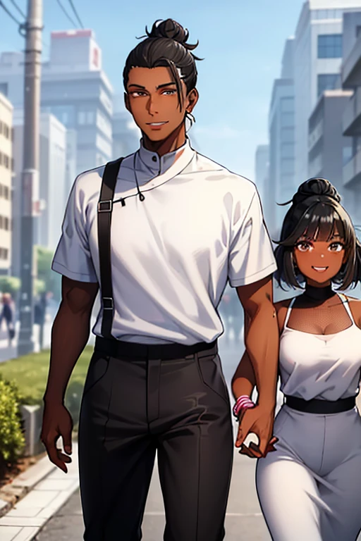 interracial couple, getou, walking together, smiling, ((man with white skin, height 1 meter and 90 centimeters, brown eyes, hair in a high bun, black hair, muscular body, piercing)), ((black woman with dark brown skin, dark brown eyes, black hair, African curly hair, hair back, medium length hair, height 1 meter 62 centimeters)), casual clothes, ginkgo trees in autumn, ((white man and black woman)), masterpiece, great quality, beautiful