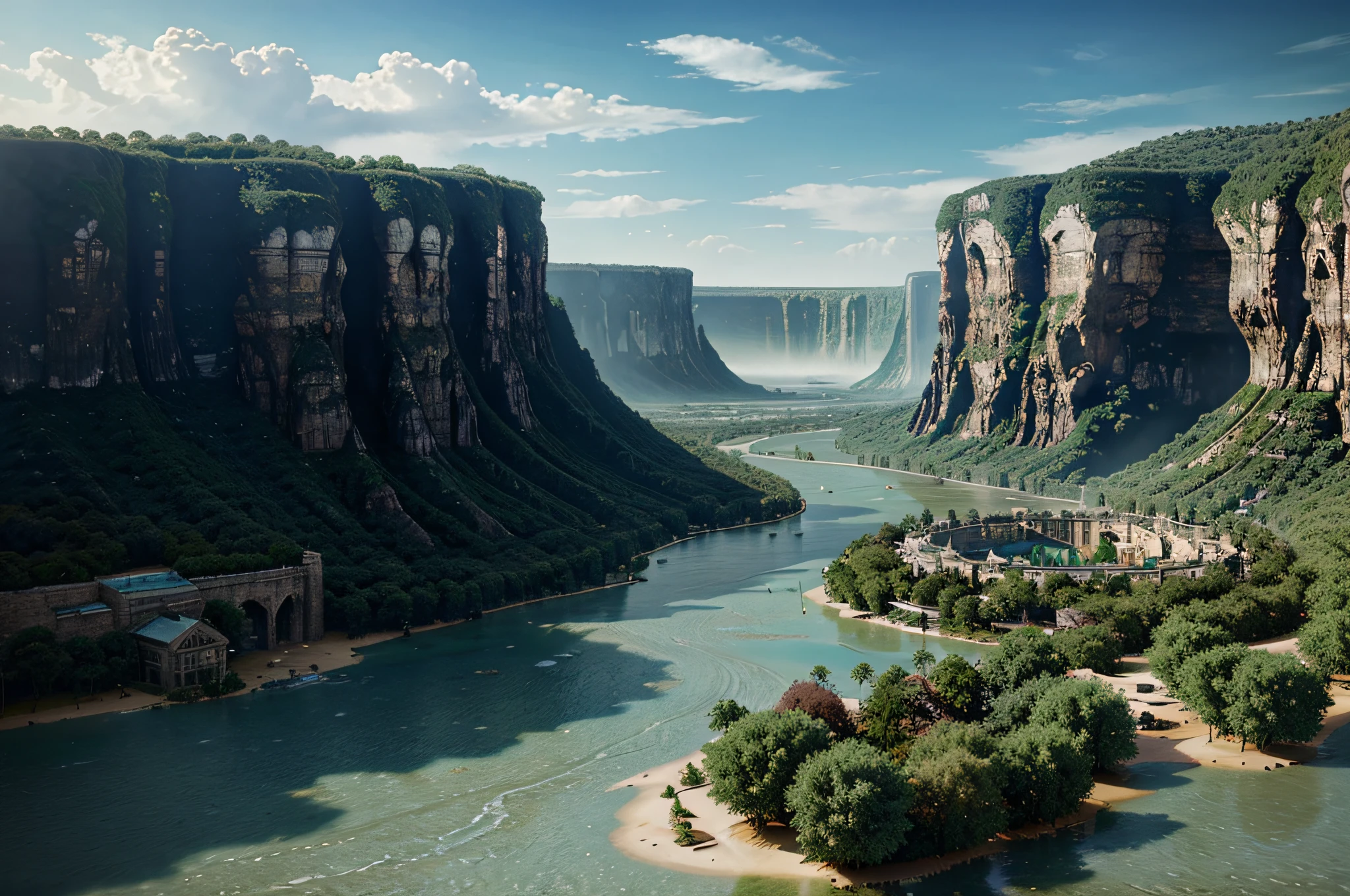 Fantasy concept art, water flooded city, no people, horizon in the middle, nature