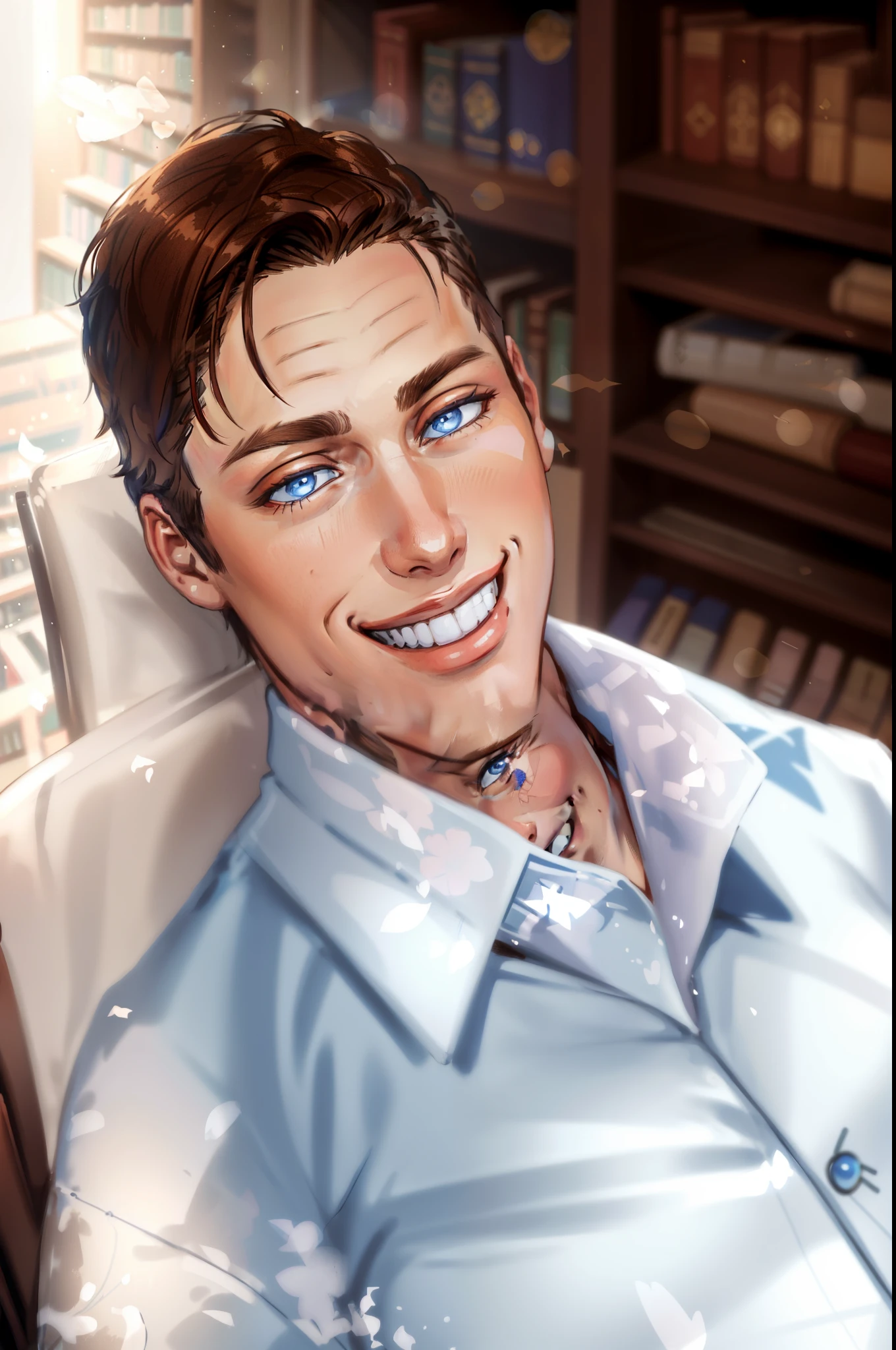 smiling man in a wheelchair, brown hair, blue eyes, illustrated, portrait, Caucasian, blue eyes, brown hair, clean-shaven, fair skin, library background