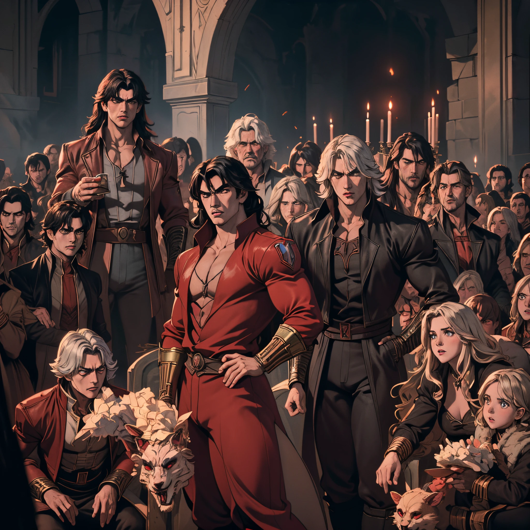 Castlevania Seigneur de lombre hyper réaliste super detailed cinematic scenes of the demons in the fire Ardent super detailed cinematic scenes of war Hokuto no Ken Kenshiro muscular style