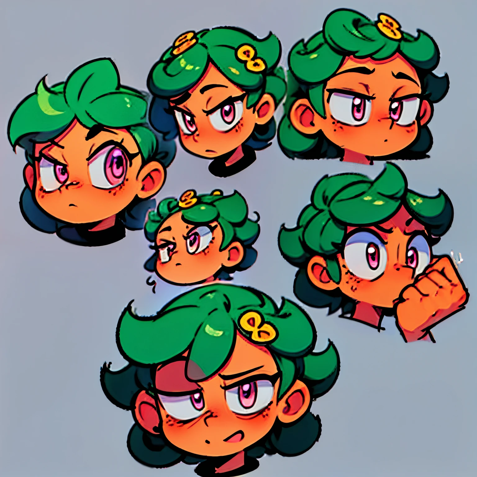 A short girl, with a robust and compact appearance.
but with a strong and well-defined body. Her arms and legs are muscular.
Her face is rounded, with full cheeks that give her a slightly childish but also expressive appearance.
She has large, round, deep pink eyes. Her eyebrows are thick and dark.
Her nose is small and round, and her lips are thin, usually curved in a determined or annoyed expression.
She has a small beauty mark (mole) near her right eye.
very curly, light pink hair, which is her most prominent feature.
Her hair is tied up in two voluminous pigtails that sit on the sides of her head. These curls are large and tight, spreading outward like two pompoms.
Her bangs are thick and curly, falling just above her eyebrows.
Dressed in Military green erotic Bunny suit and with Robotic elements
(((character sheet))) ((various views)) ((front and back) (Face detail) (full body)