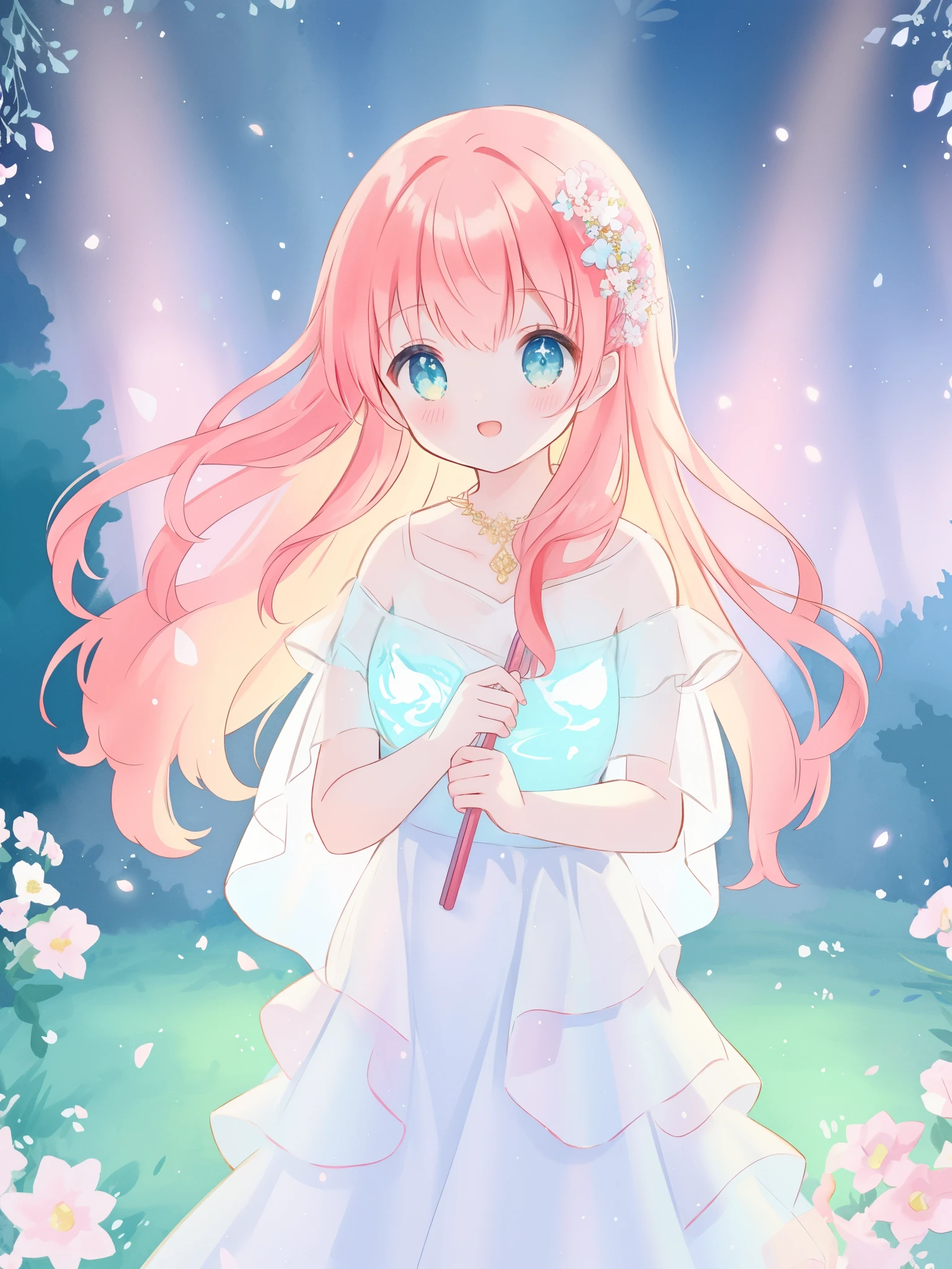 beautiful fairy girl in sparkling white ballgown, puffy flowing ballgown, sheer fluttering sleeves, ((glowing sheer layered dress)), long red gold hair, colorful fantasia background, delicate white flowers in her hair, watercolor illustration, glowing lights, beautiful digital illustration, fantasia otherworldly landscape, beautiful, masterpiece, best quality, (vibrant pastel colors), (colorful), magical forest landscape, sharp focus, intricate details, highly detailed, 8k resolution