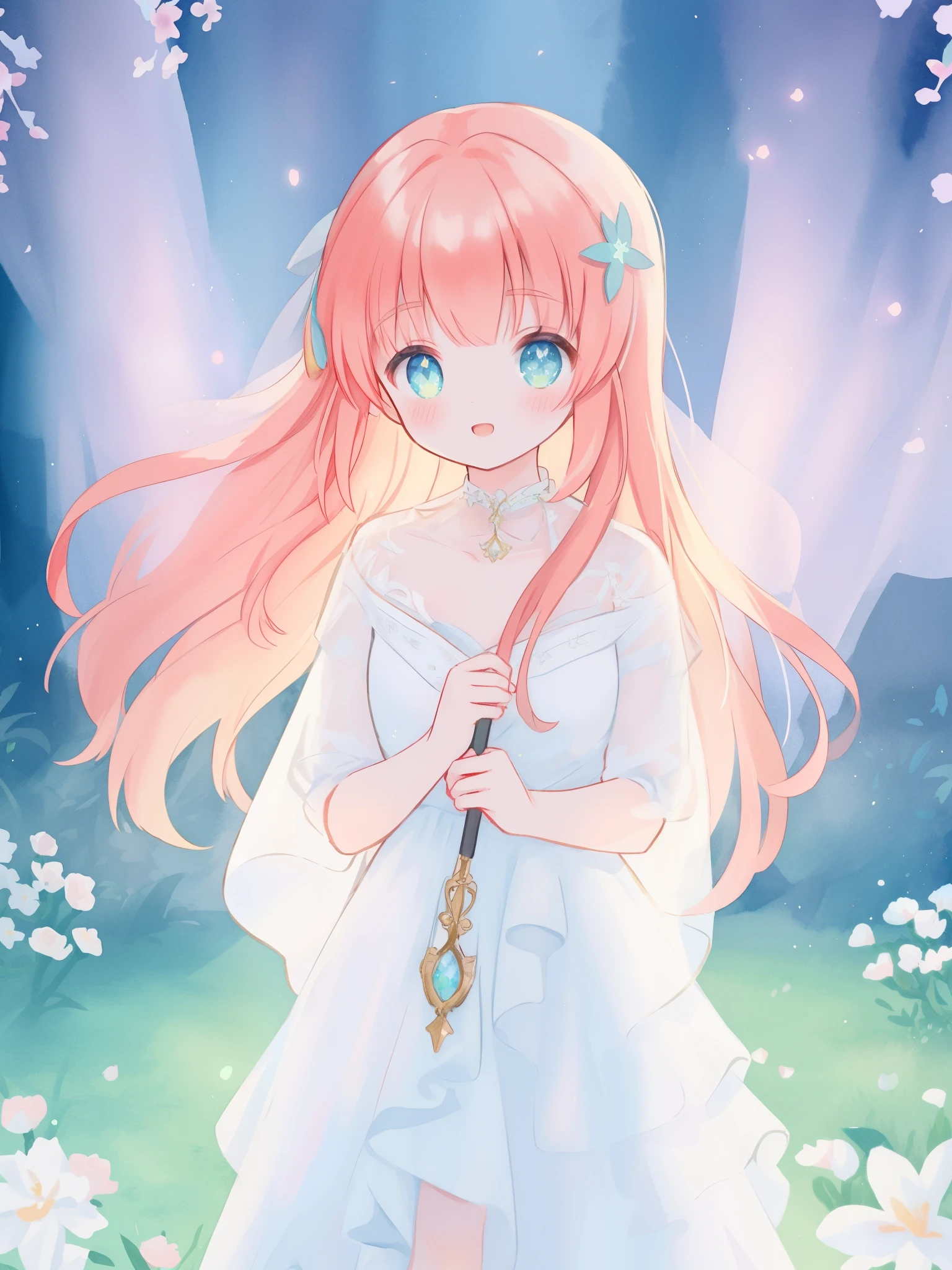 beautiful fairy girl in sparkling white ballgown, puffy flowing ballgown, sheer fluttering sleeves, ((glowing sheer layered dress)), long red gold hair, colorful fantasia background, delicate white flowers in her hair, watercolor illustration, glowing lights, beautiful digital illustration, fantasia otherworldly landscape, beautiful, masterpiece, best quality, (vibrant pastel colors), (colorful), magical forest landscape, sharp focus, intricate details, highly detailed, 8k resolution