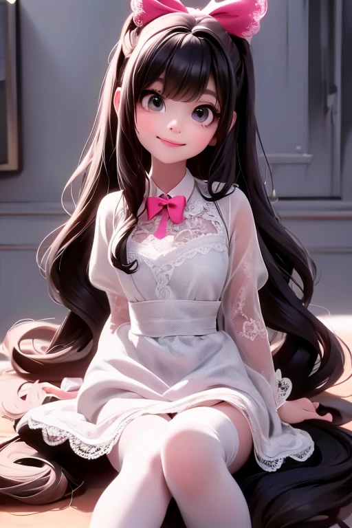 a demon girl smiling in a lace dress and black pumps posing for a picture, black hair, giant hair bow, wearing a lace dress, white tights, fashionable rpg clothing, sitting on her ankles, (sfw)