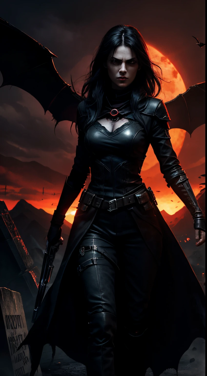 motivation, dark,evil, scifi style, female,red, darker, dark background, evil character, horror style, fighting dark pit, dead monsters ,walley of dead sun , dark, mountains, graveyard