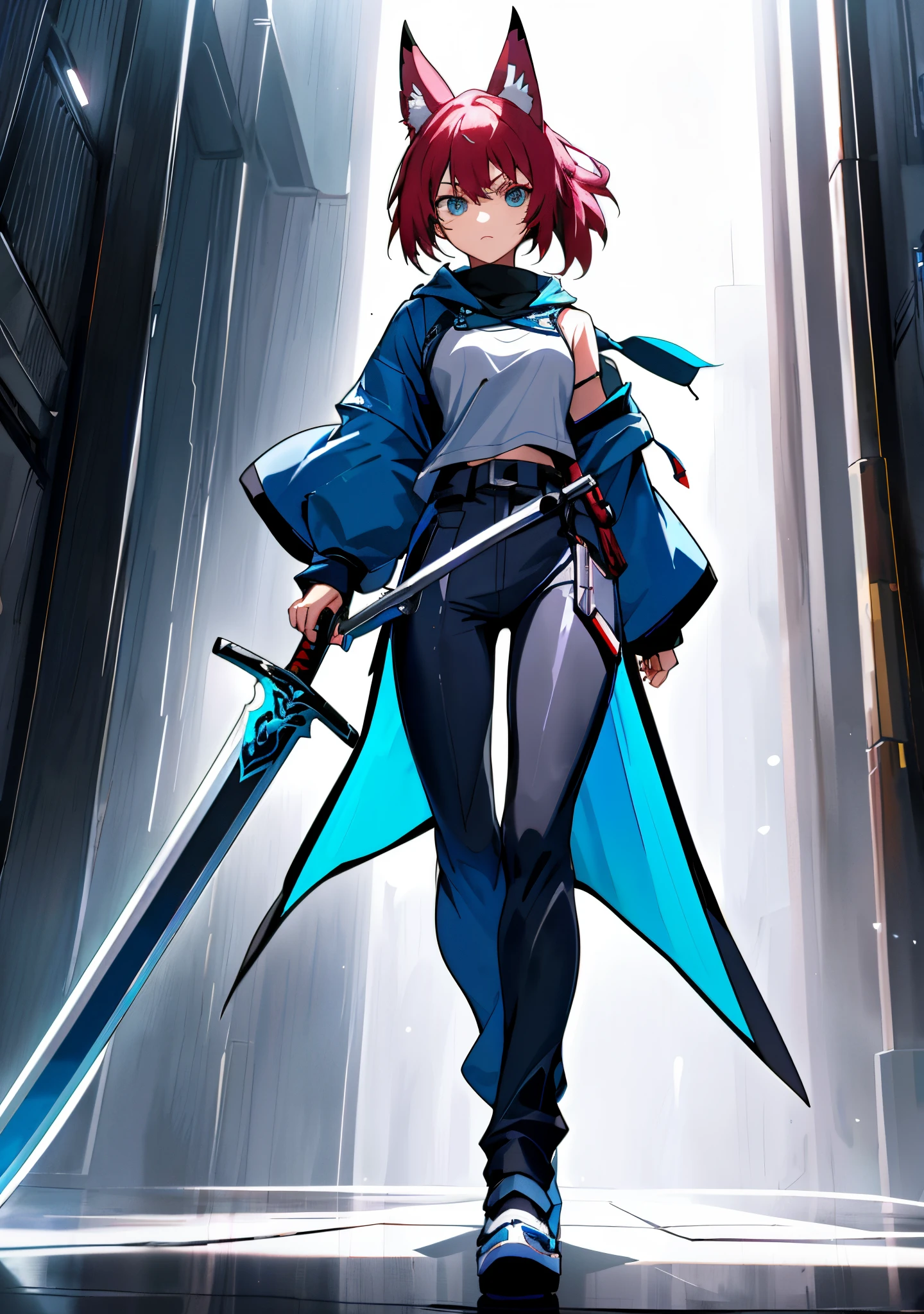 personagem de anime com espada e roupa azul em um beco escuro, she is holding a sword, protagonista feminina 👀 :8, Personagem de videogame Katana Zero, badass anime 8 k, cushart krenz arte chave feminina, arte oficial do personagem, female action anime girl, protagonista feminina, estilo de duelyst, arte digital do anime cyberpunk, garota anime cyberpunk